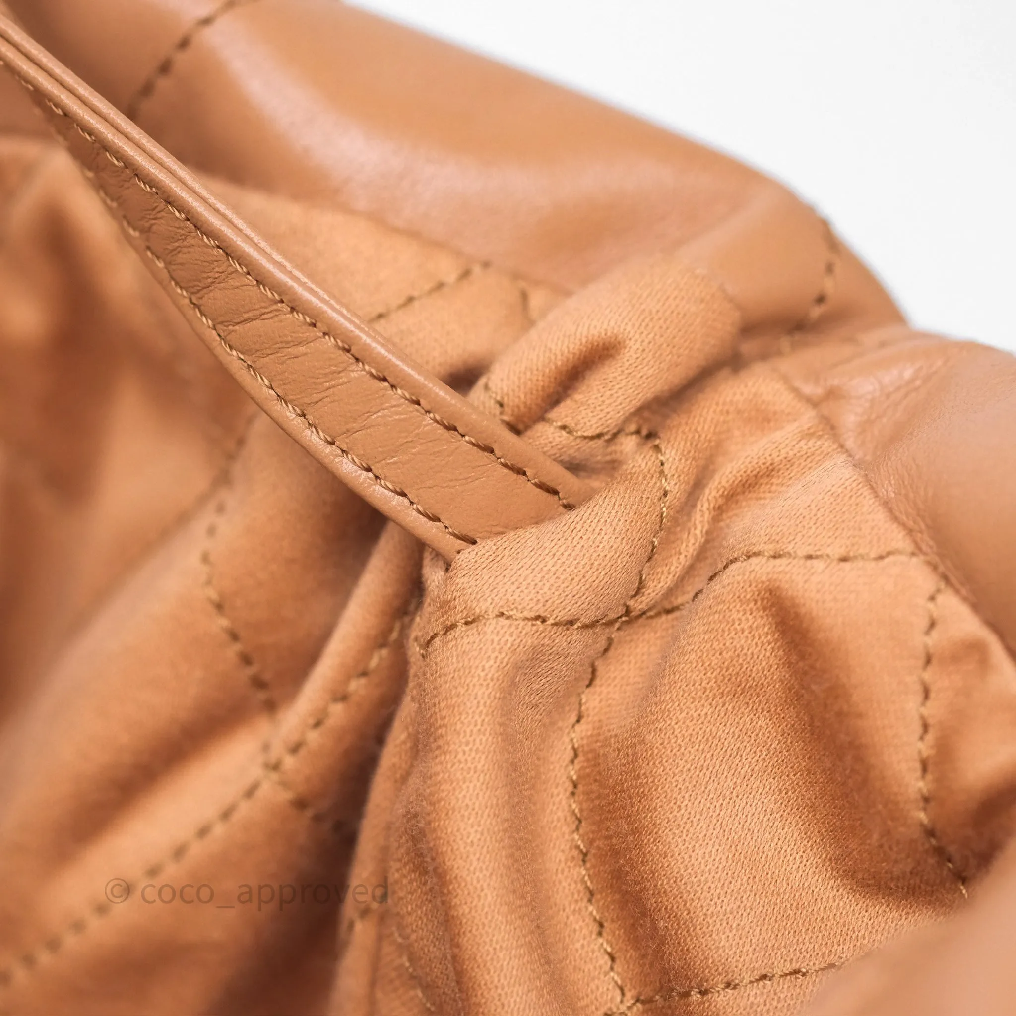 Chanel 22 Small Caramel Beige Shiny Calfskin Aged Gold Hardware