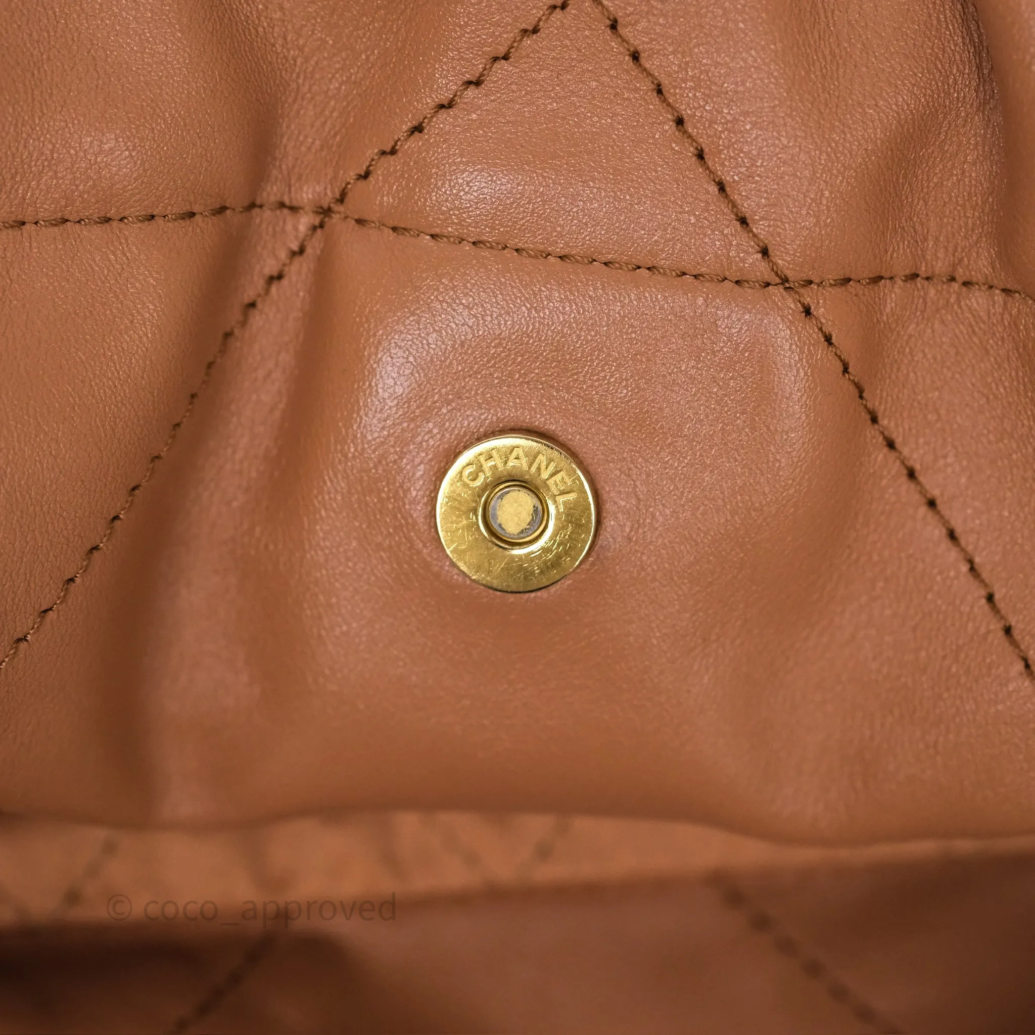 Chanel 22 Small Caramel Beige Shiny Calfskin Aged Gold Hardware
