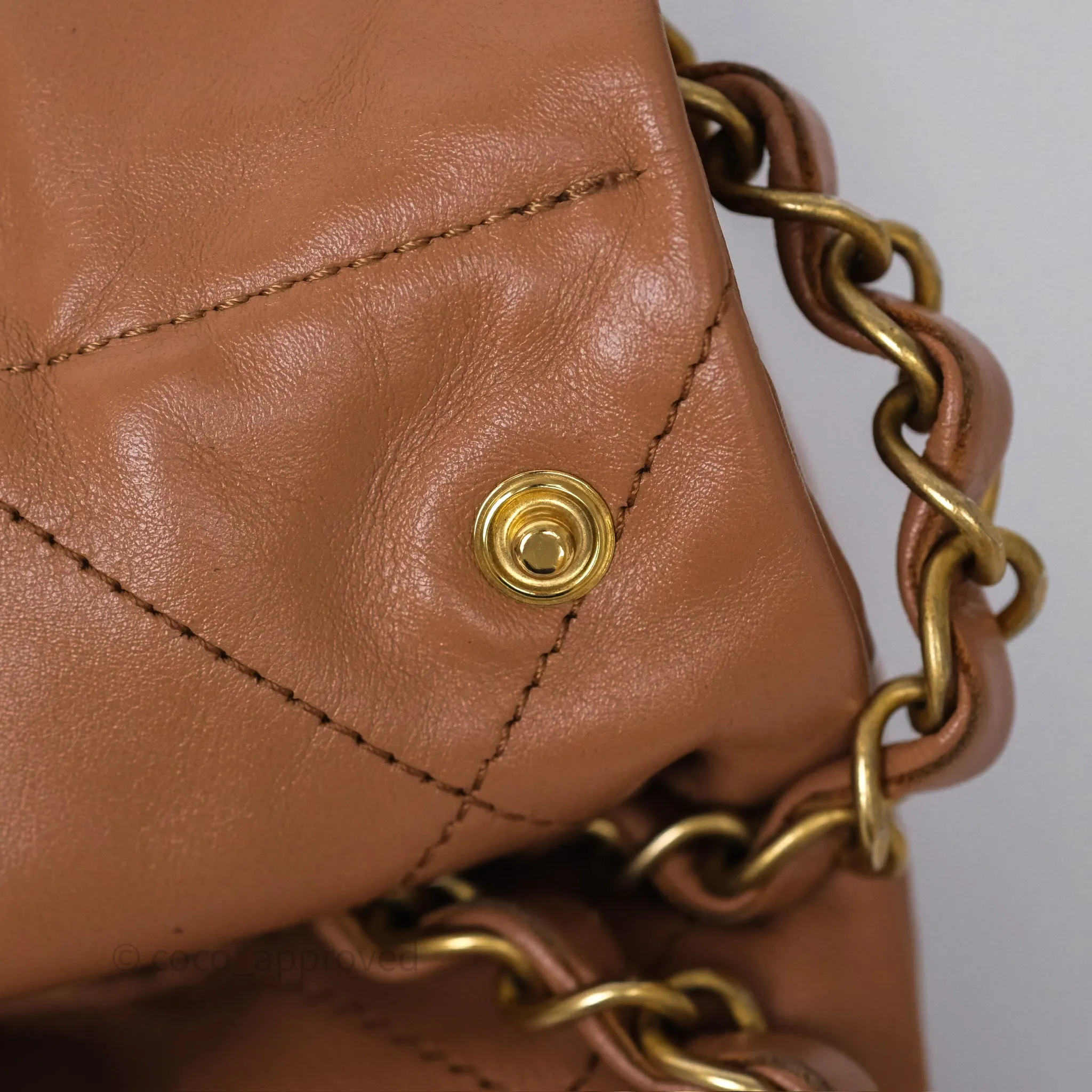 Chanel 22 Small Caramel Beige Shiny Calfskin Aged Gold Hardware