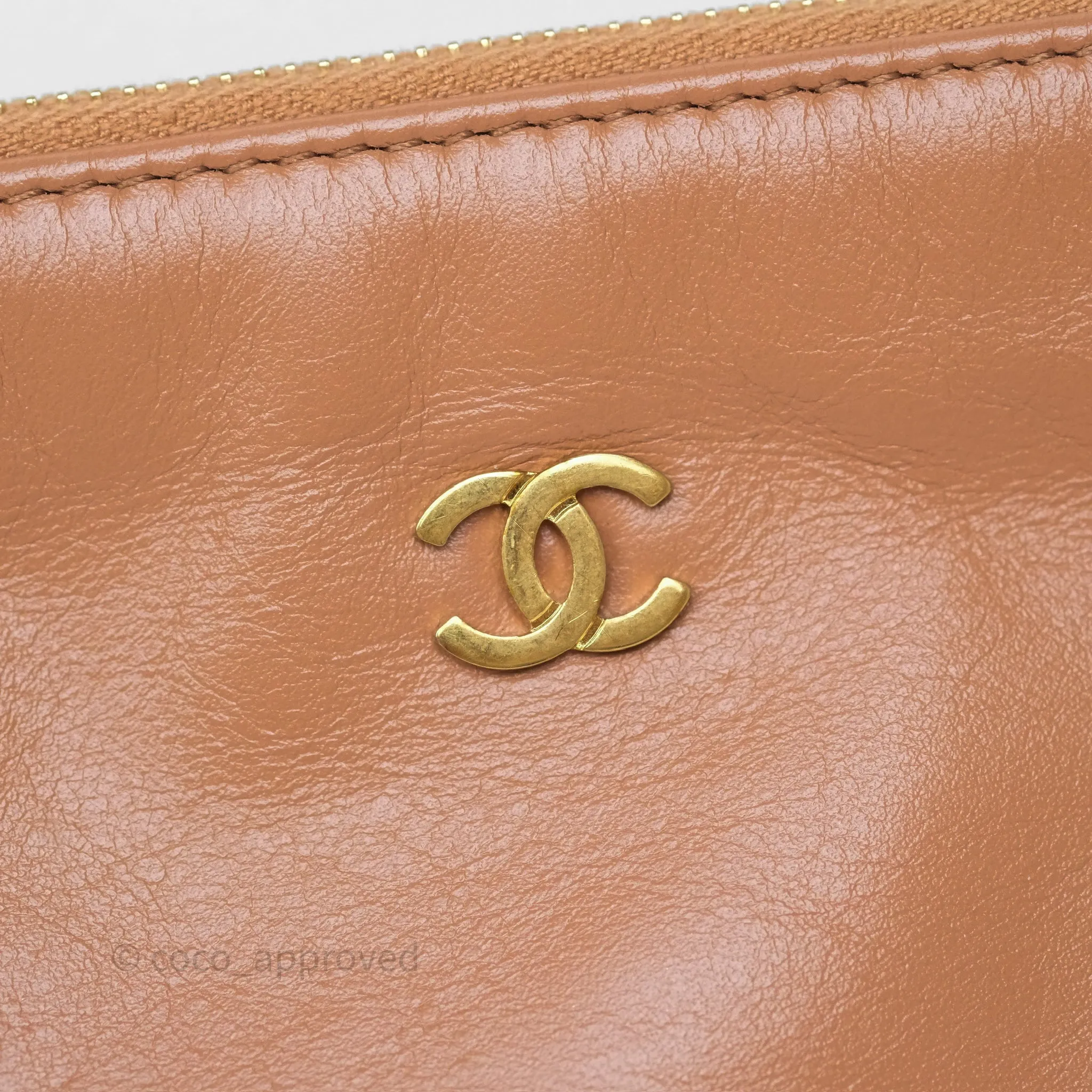 Chanel 22 Small Caramel Beige Shiny Calfskin Aged Gold Hardware