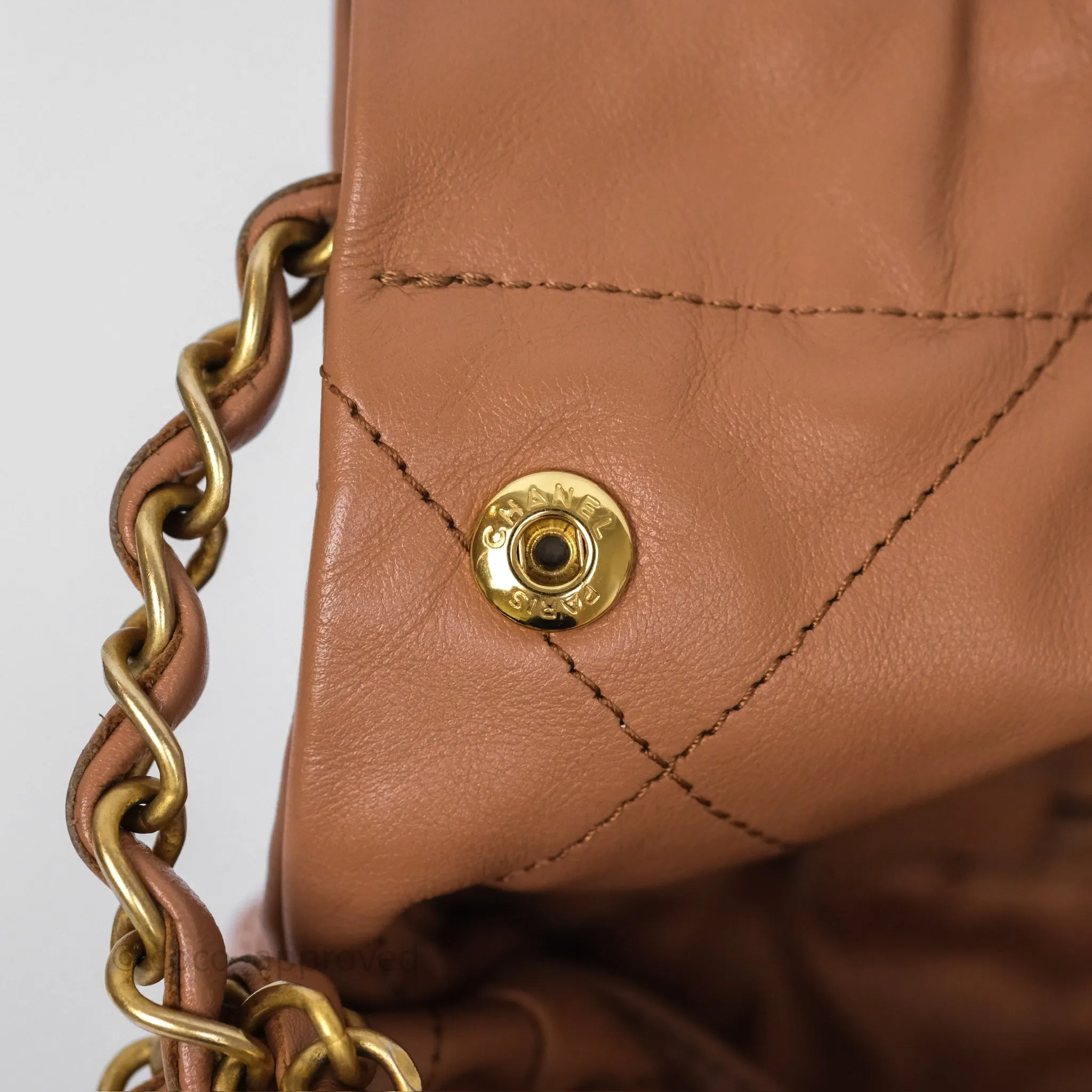 Chanel 22 Small Caramel Beige Shiny Calfskin Aged Gold Hardware