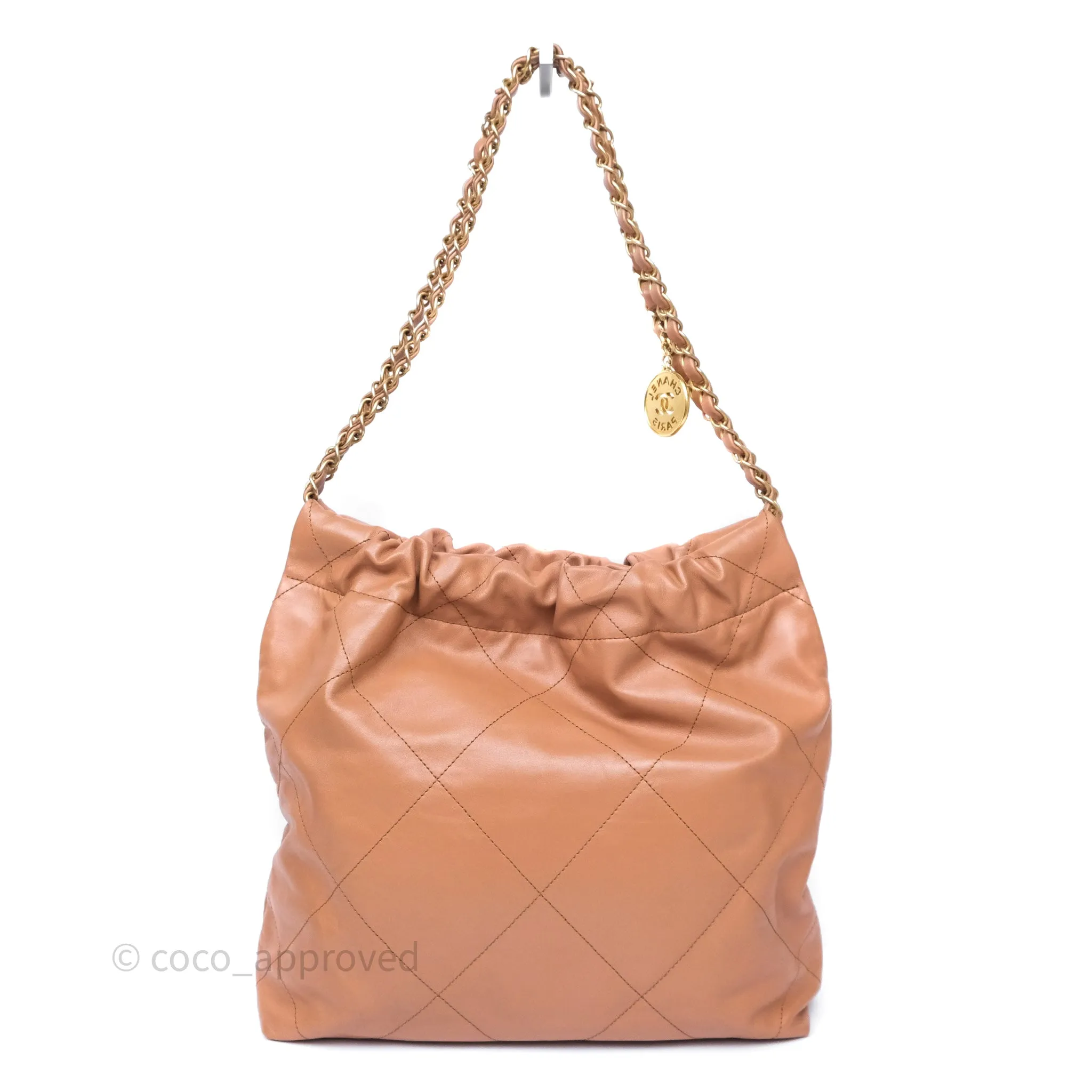 Chanel 22 Small Caramel Beige Shiny Calfskin Aged Gold Hardware