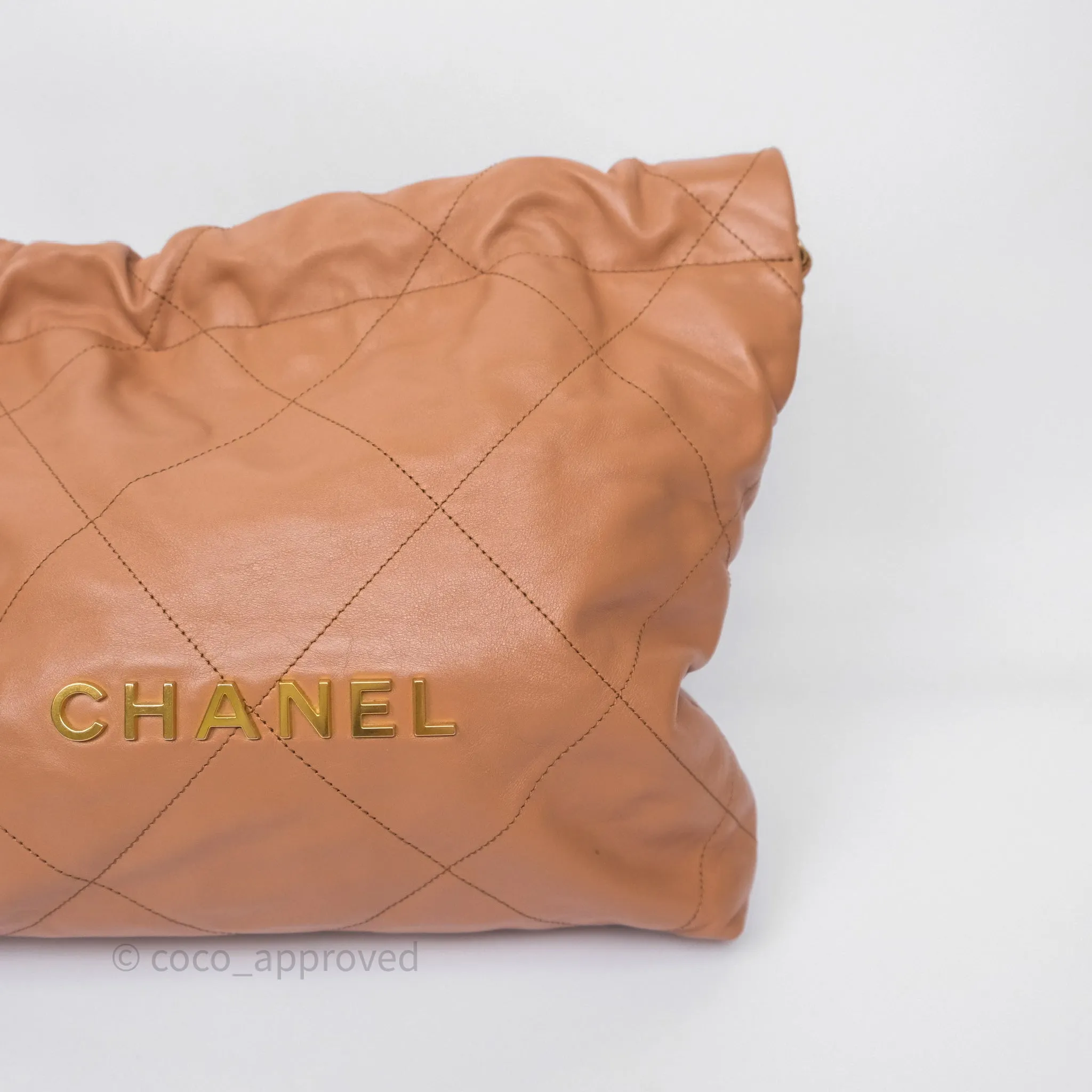 Chanel 22 Small Caramel Beige Shiny Calfskin Aged Gold Hardware