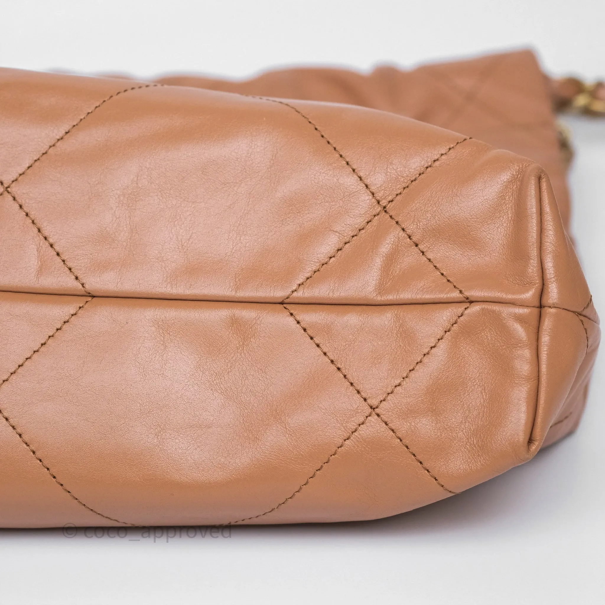 Chanel 22 Small Caramel Beige Shiny Calfskin Aged Gold Hardware