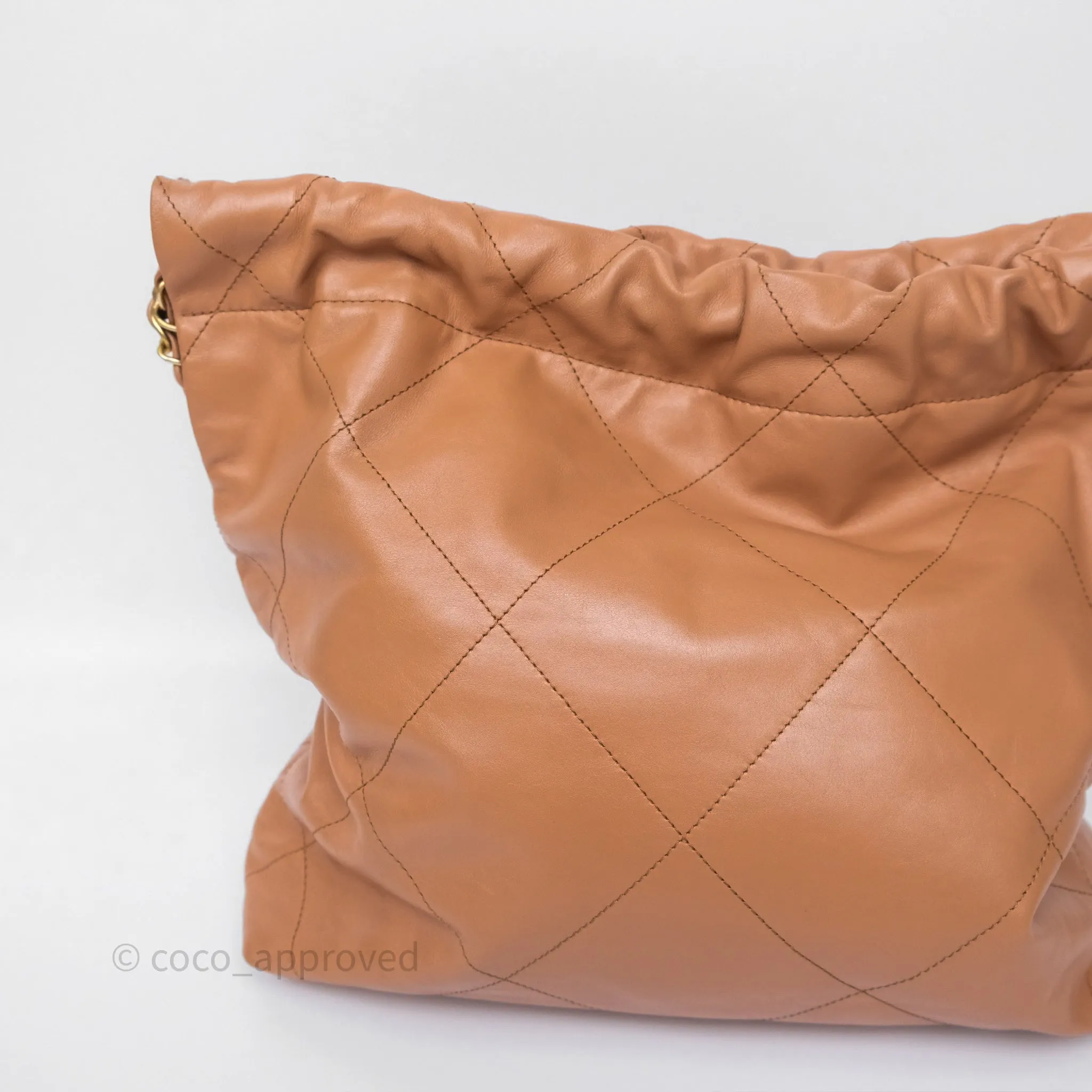 Chanel 22 Small Caramel Beige Shiny Calfskin Aged Gold Hardware