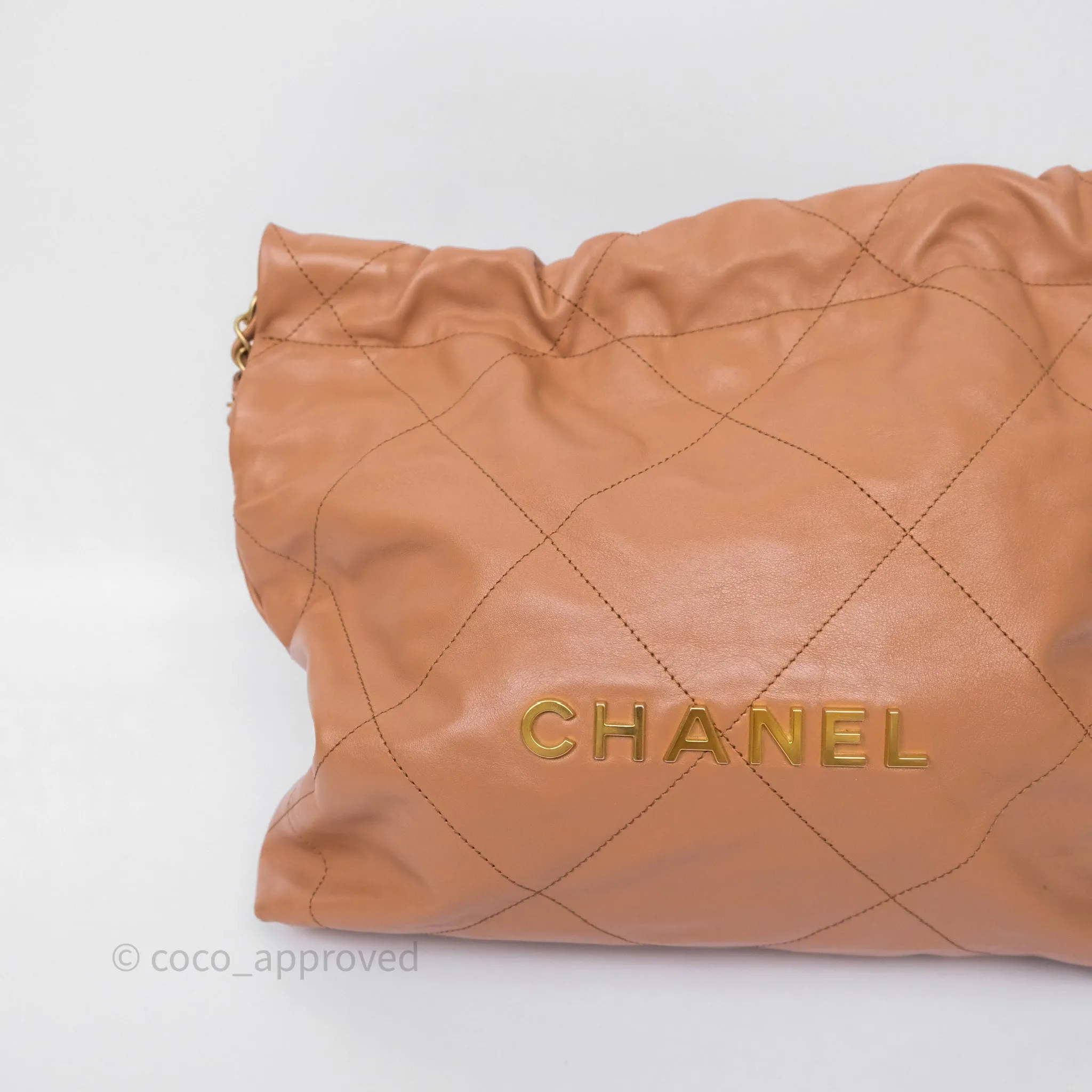 Chanel 22 Small Caramel Beige Shiny Calfskin Aged Gold Hardware