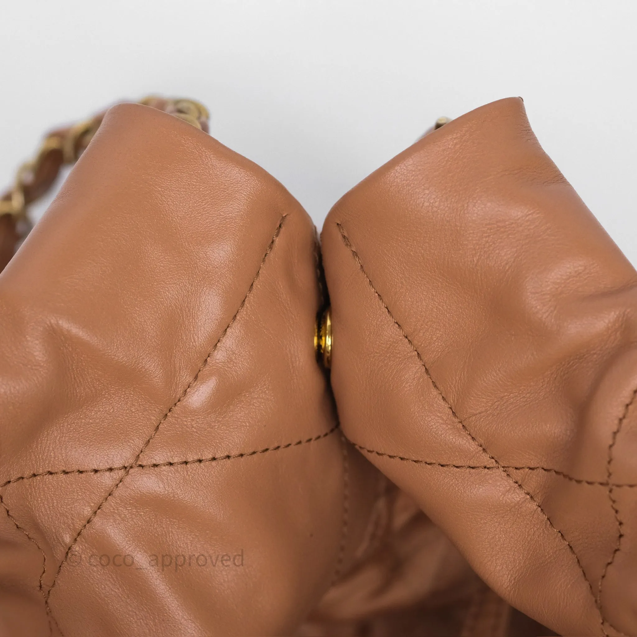 Chanel 22 Small Caramel Beige Shiny Calfskin Aged Gold Hardware