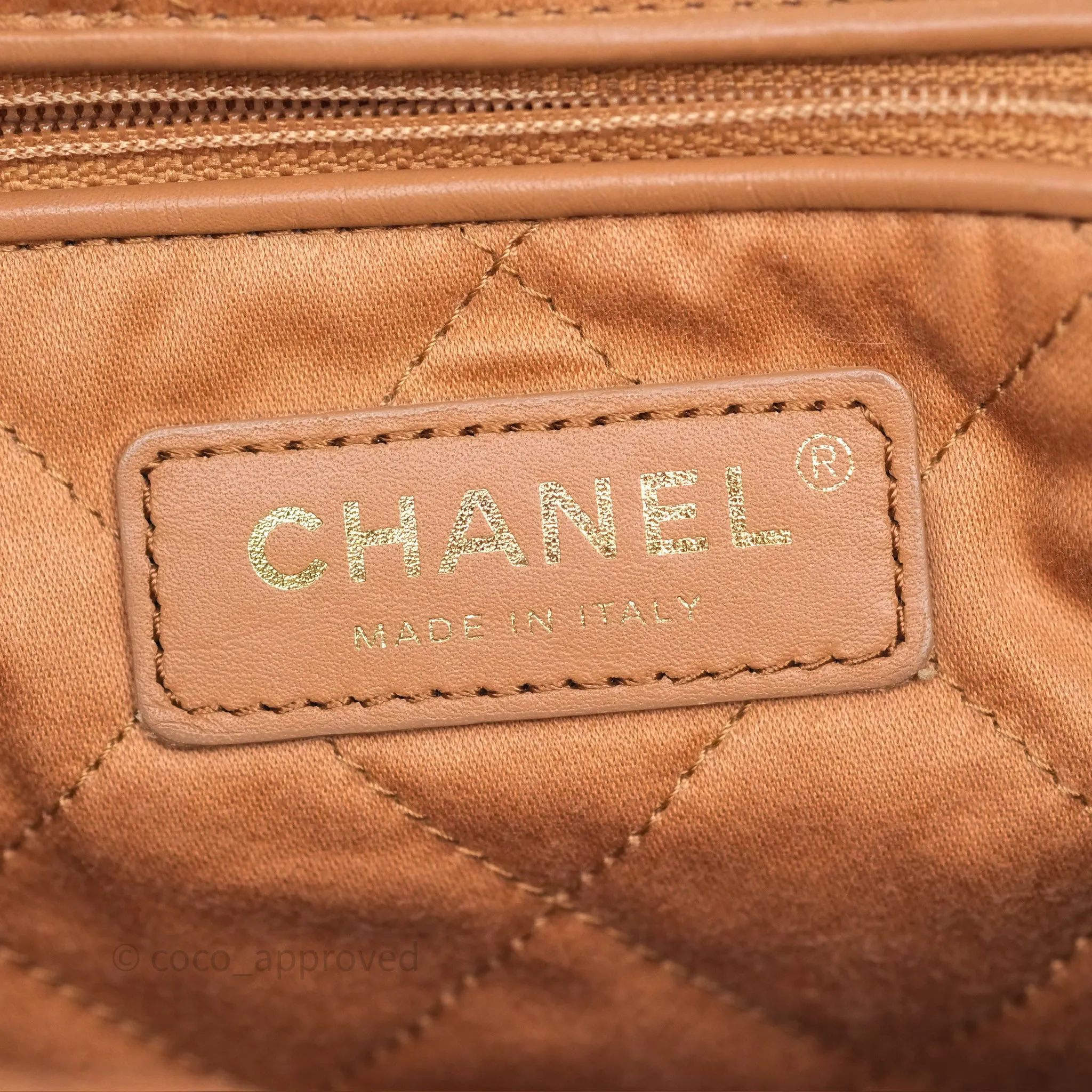 Chanel 22 Small Caramel Beige Shiny Calfskin Aged Gold Hardware