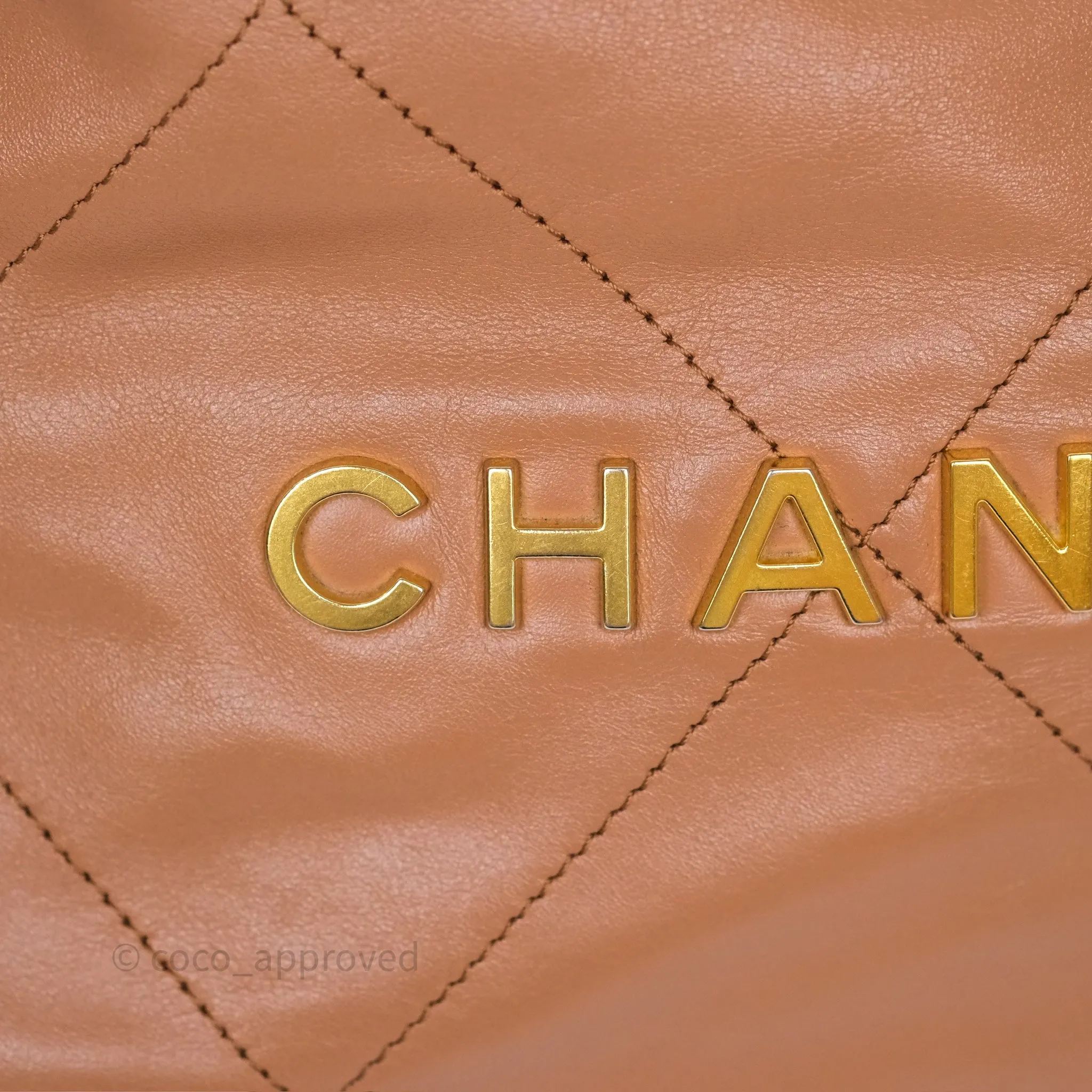 Chanel 22 Small Caramel Beige Shiny Calfskin Aged Gold Hardware