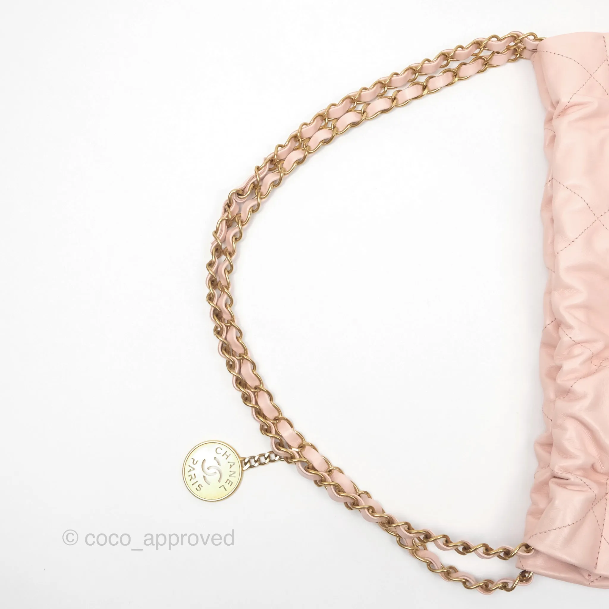 Chanel 22 Small Quilted Pink Shiny Crumpled Calfskin Aged Gold Hardware