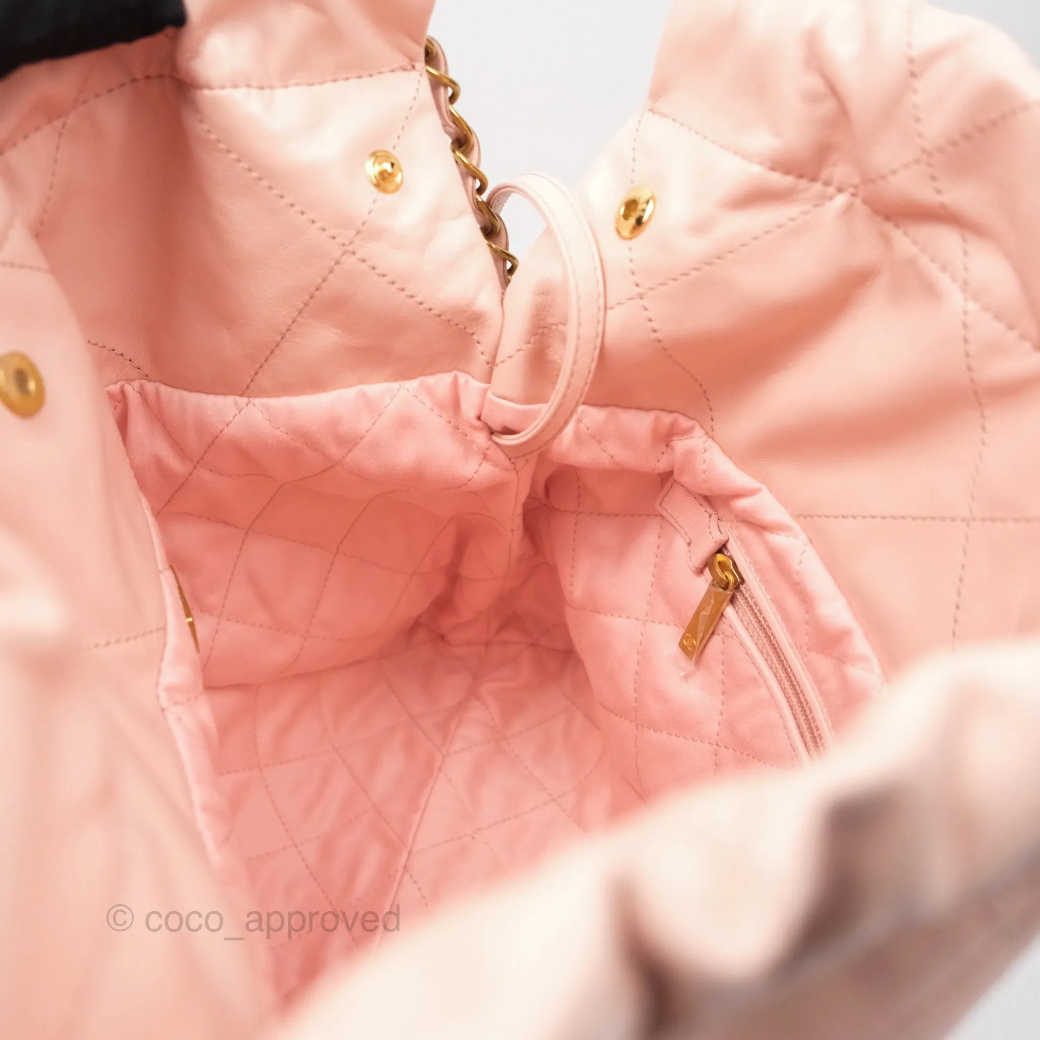 Chanel 22 Small Quilted Pink Shiny Crumpled Calfskin Aged Gold Hardware