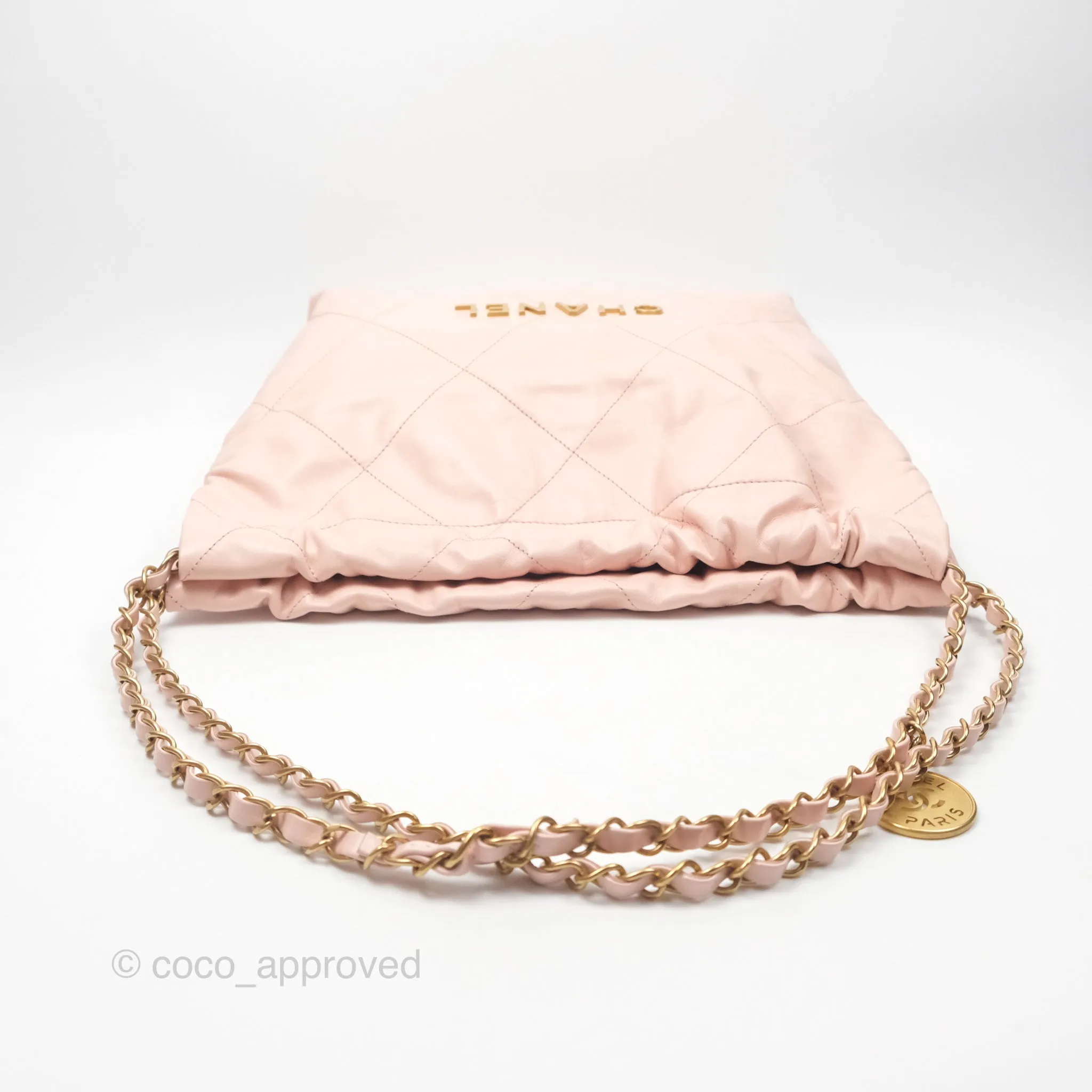 Chanel 22 Small Quilted Pink Shiny Crumpled Calfskin Aged Gold Hardware