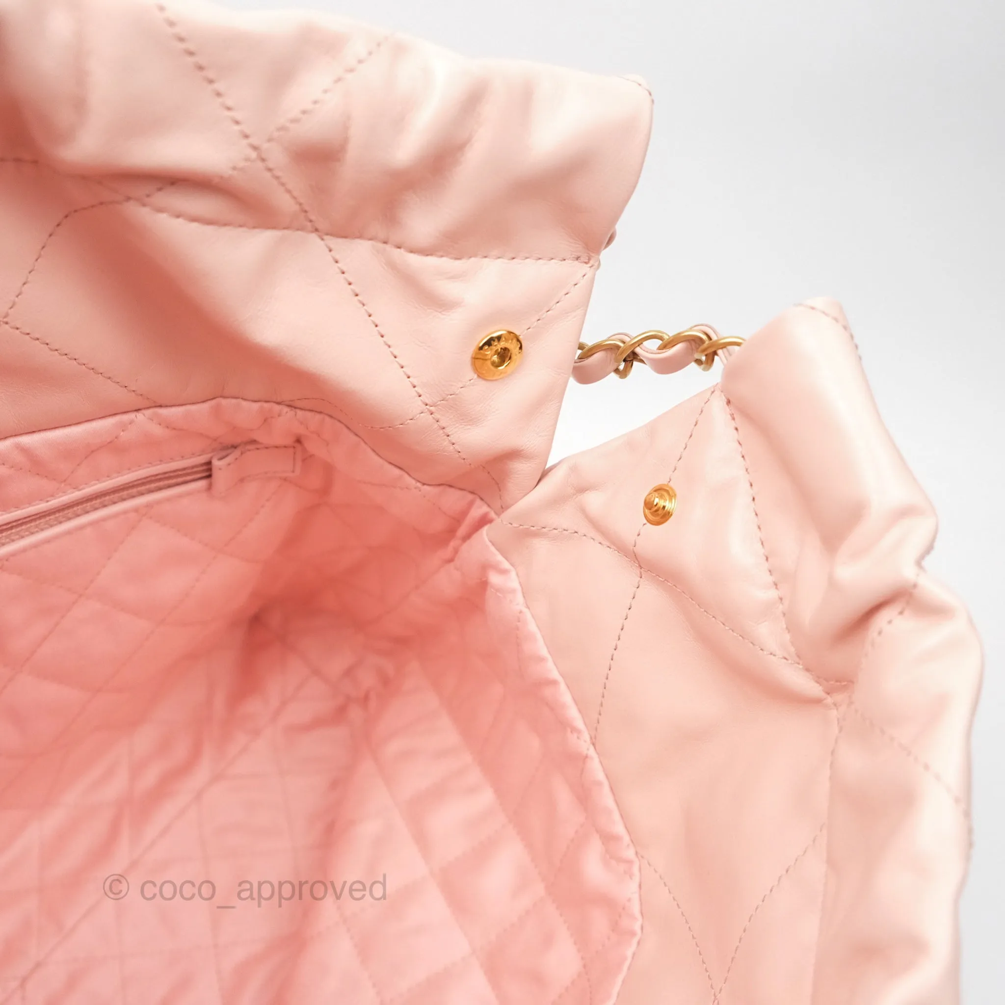 Chanel 22 Small Quilted Pink Shiny Crumpled Calfskin Aged Gold Hardware