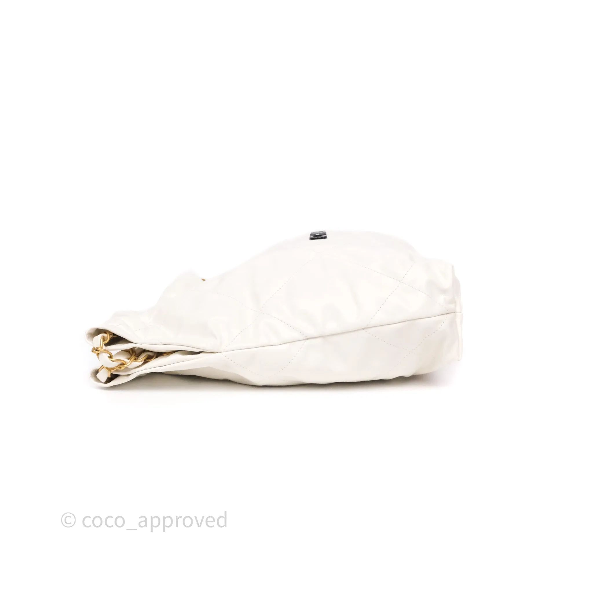 Chanel 22 Small White Aged Calfskin Black Logo Aged Gold Hardware