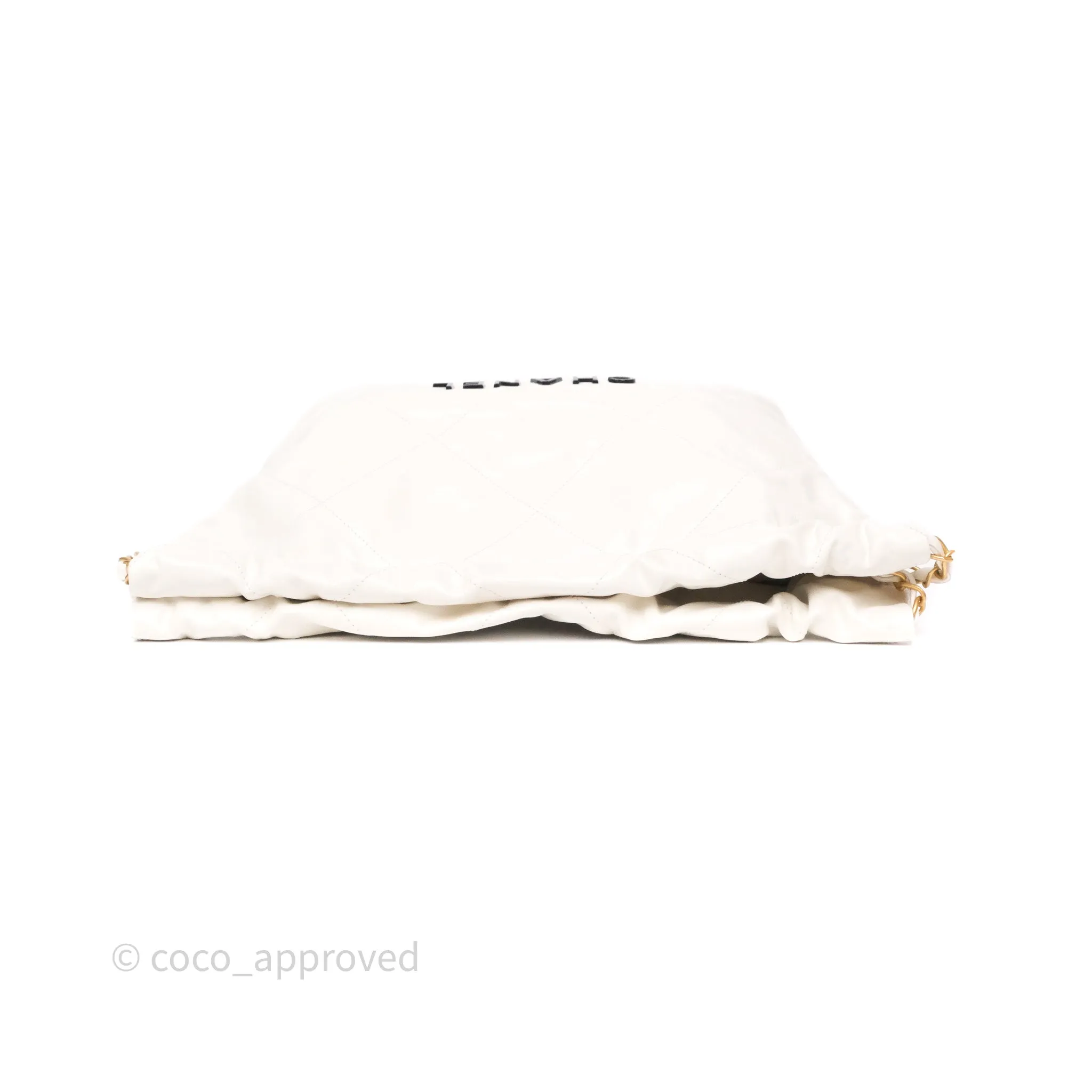 Chanel 22 Small White Aged Calfskin Black Logo Aged Gold Hardware