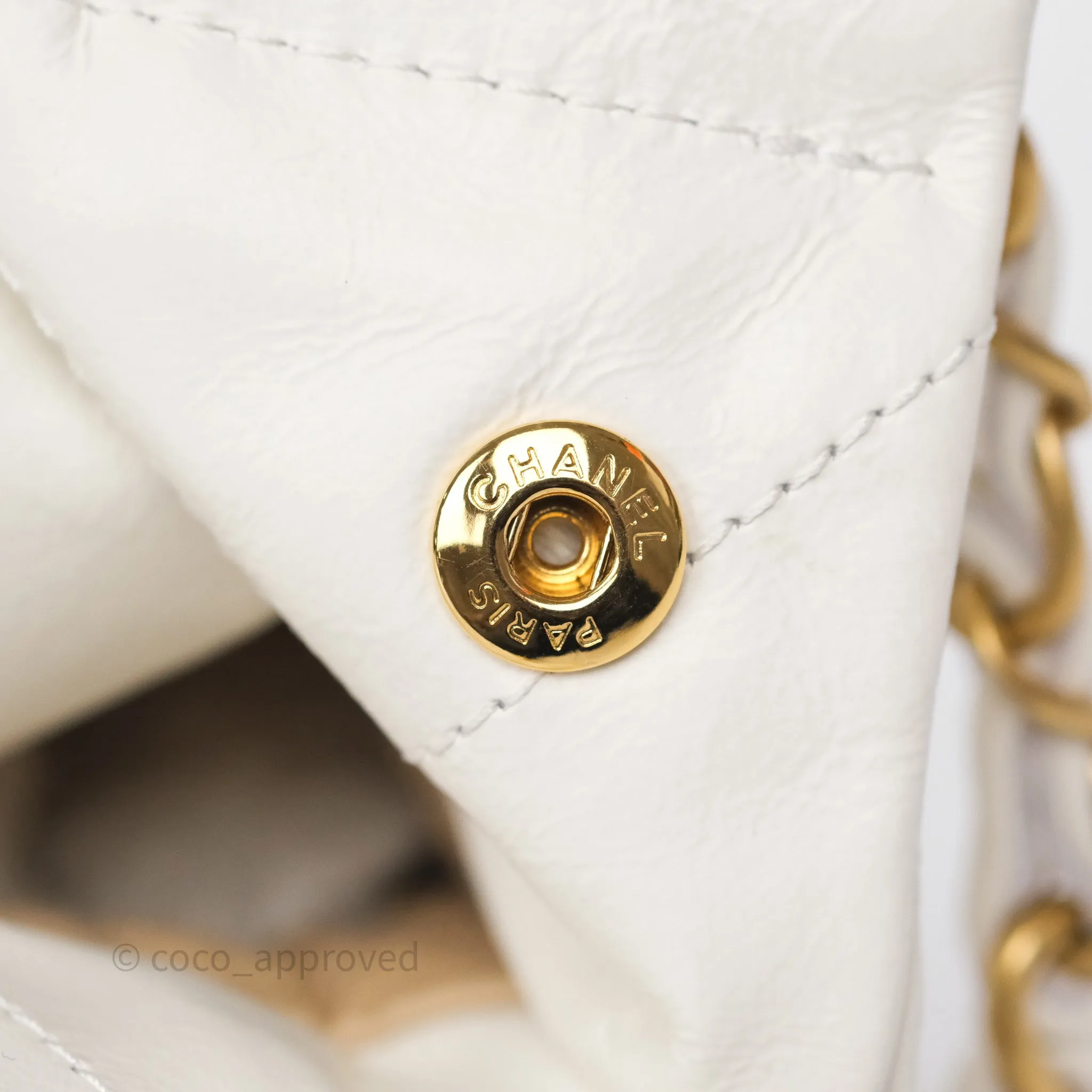 Chanel 22 Small White Aged Calfskin Black Logo Aged Gold Hardware