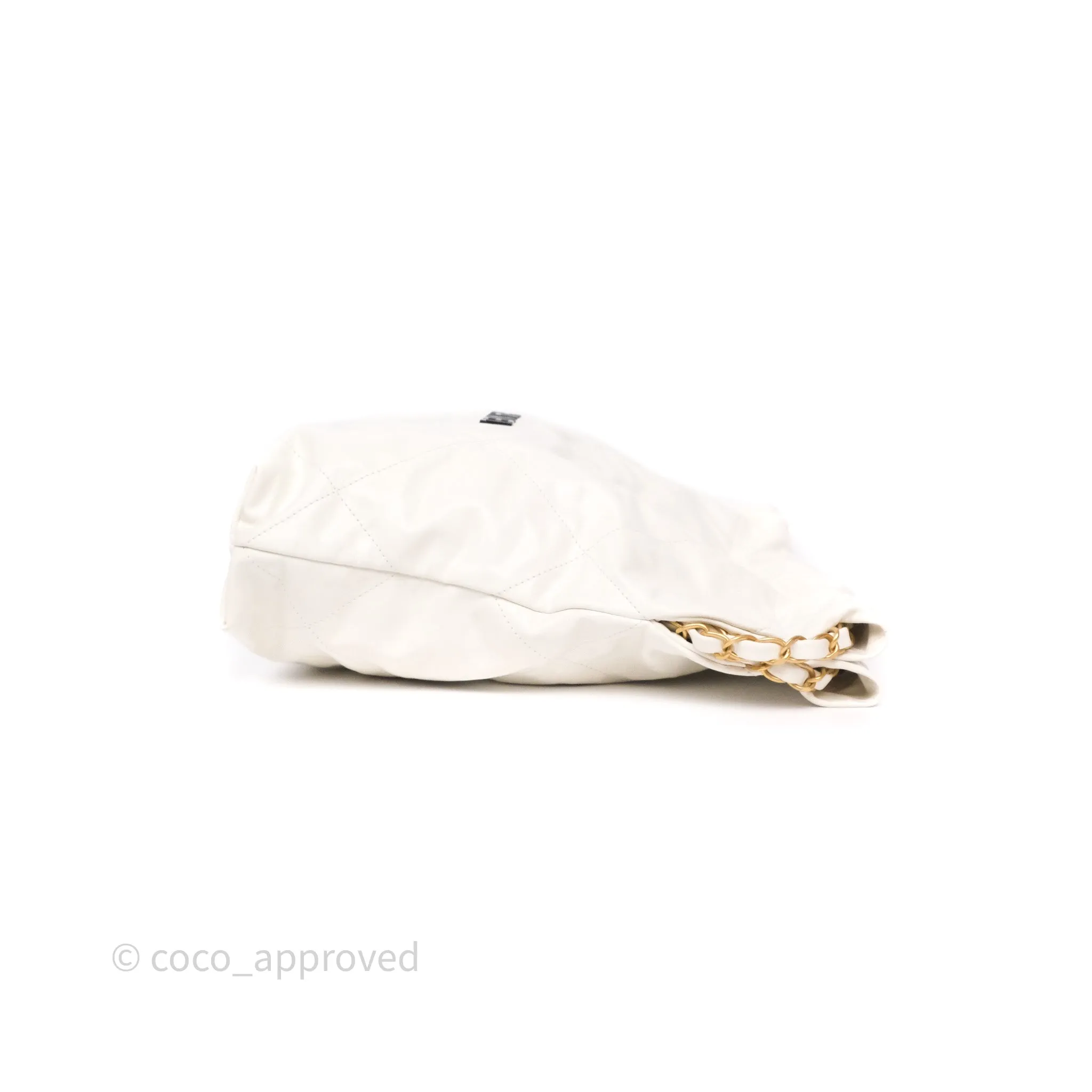 Chanel 22 Small White Aged Calfskin Black Logo Aged Gold Hardware