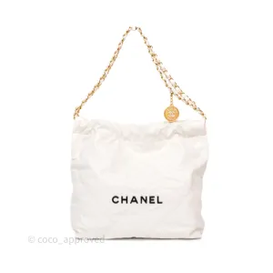 Chanel 22 Small White Aged Calfskin Black Logo Aged Gold Hardware