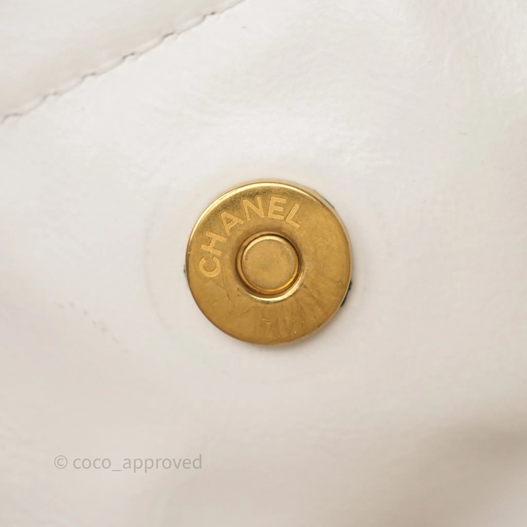 Chanel 22 Small White Aged Calfskin Black Logo Aged Gold Hardware