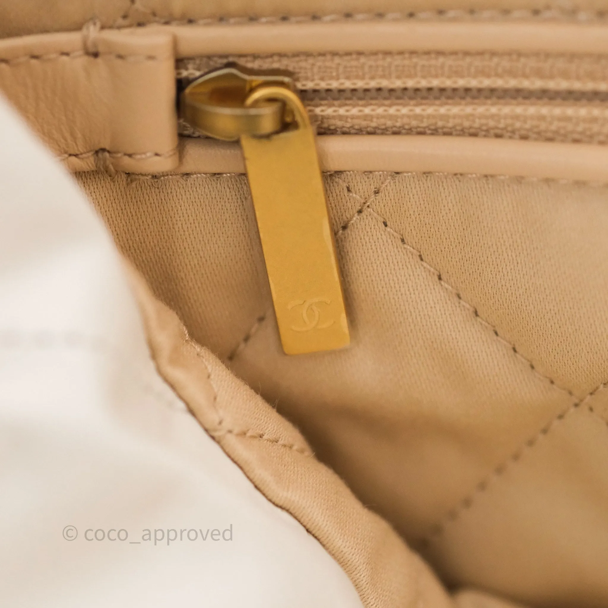 Chanel 22 Small White Aged Calfskin Black Logo Aged Gold Hardware