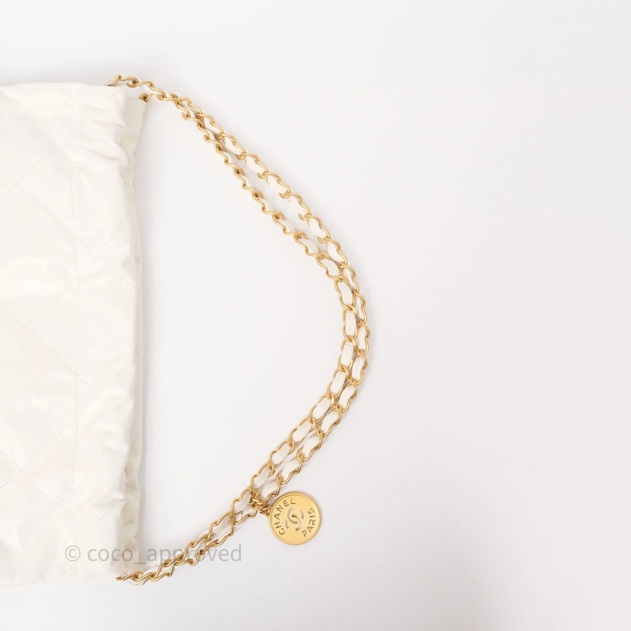 Chanel 22 Small White Aged Calfskin Black Logo Aged Gold Hardware