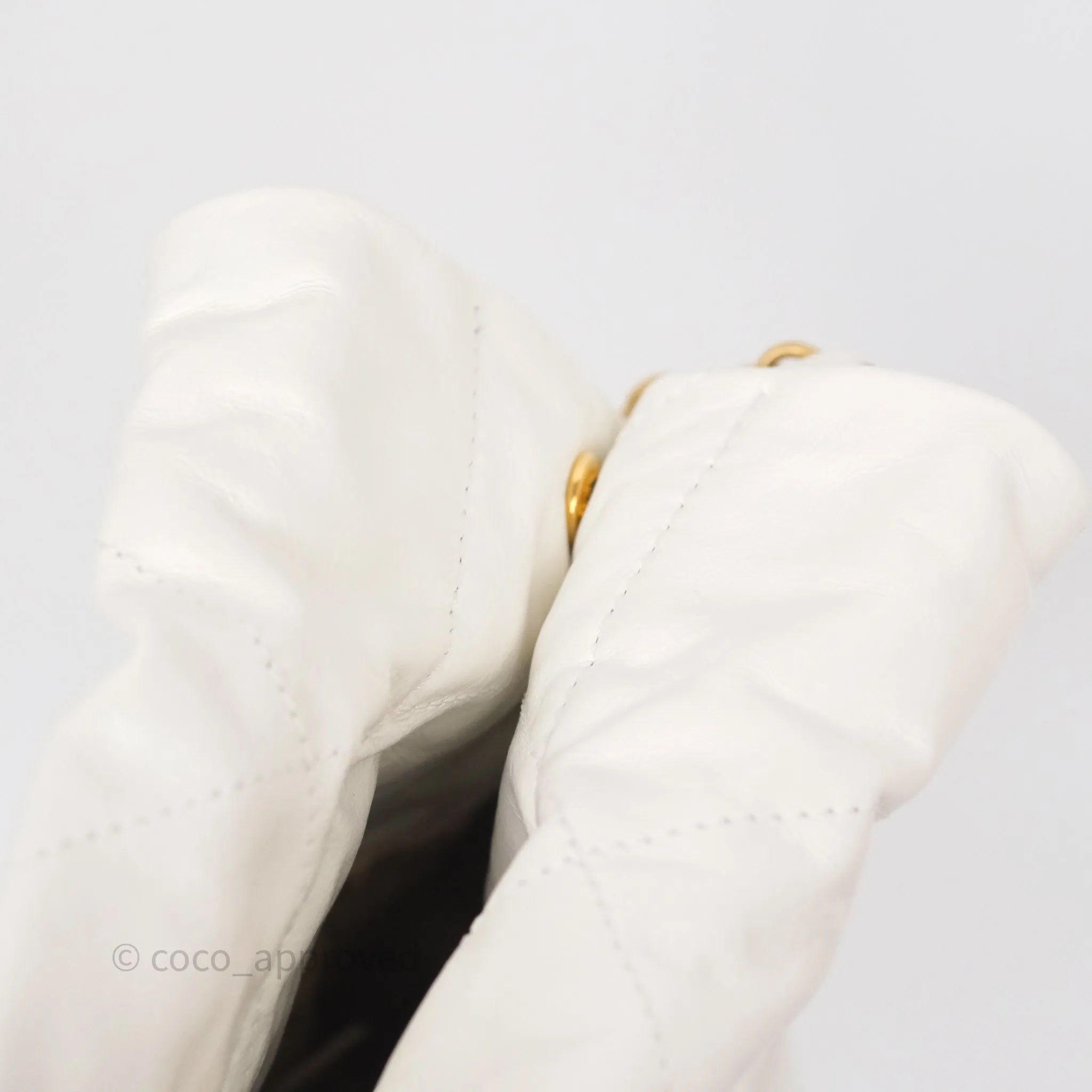 Chanel 22 Small White Aged Calfskin Black Logo Aged Gold Hardware