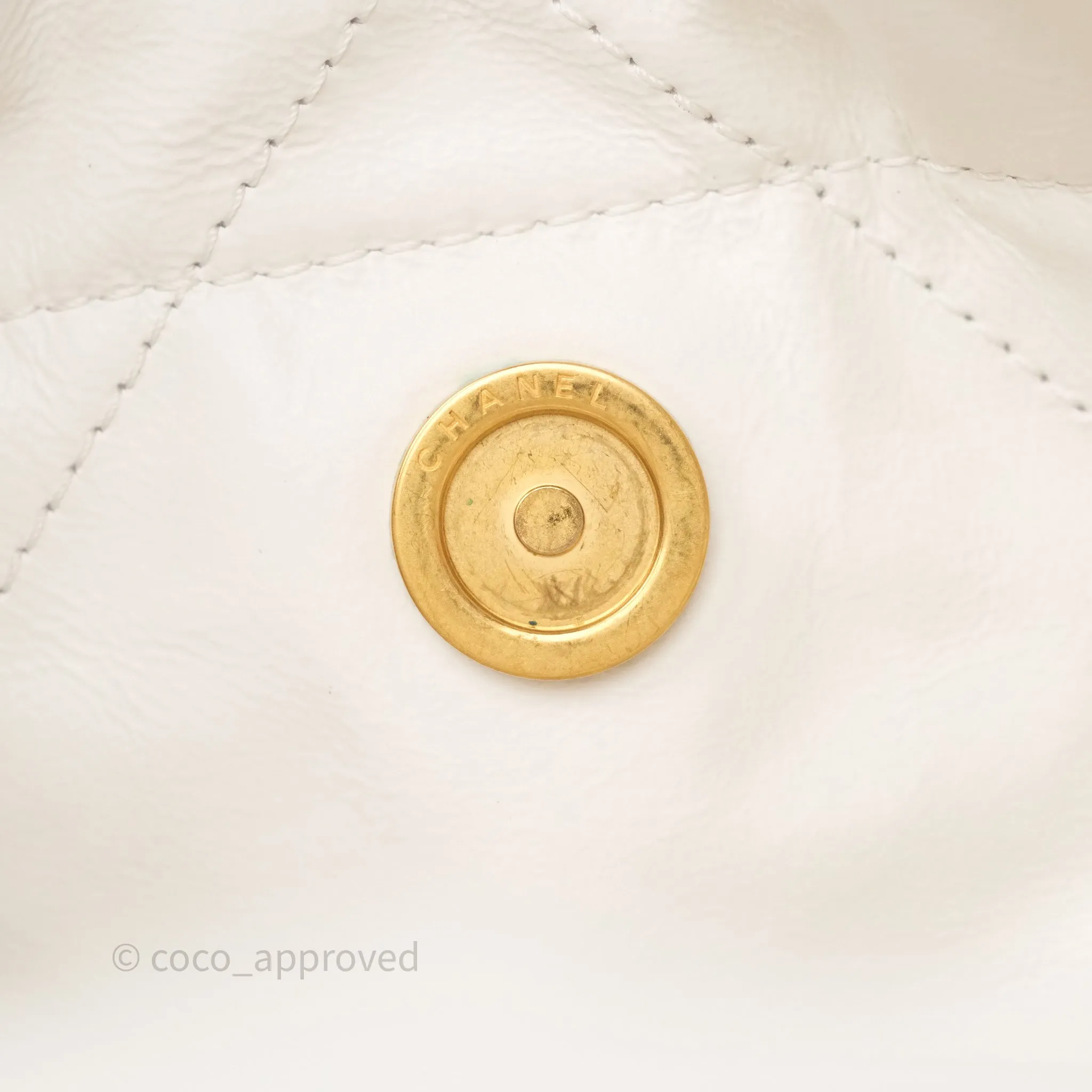 Chanel 22 Small White Aged Calfskin Black Logo Aged Gold Hardware