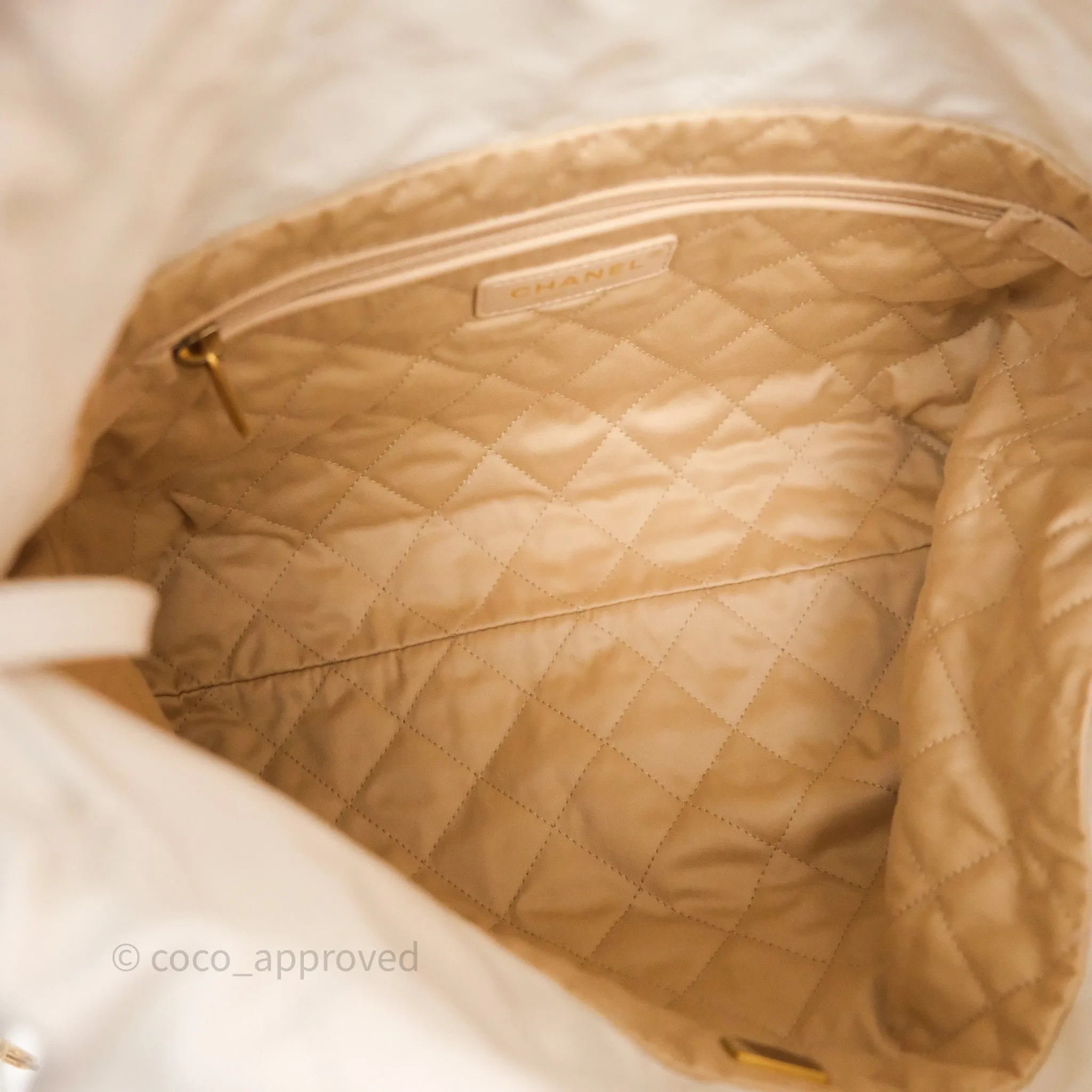 Chanel 22 Small White Aged Calfskin Black Logo Aged Gold Hardware