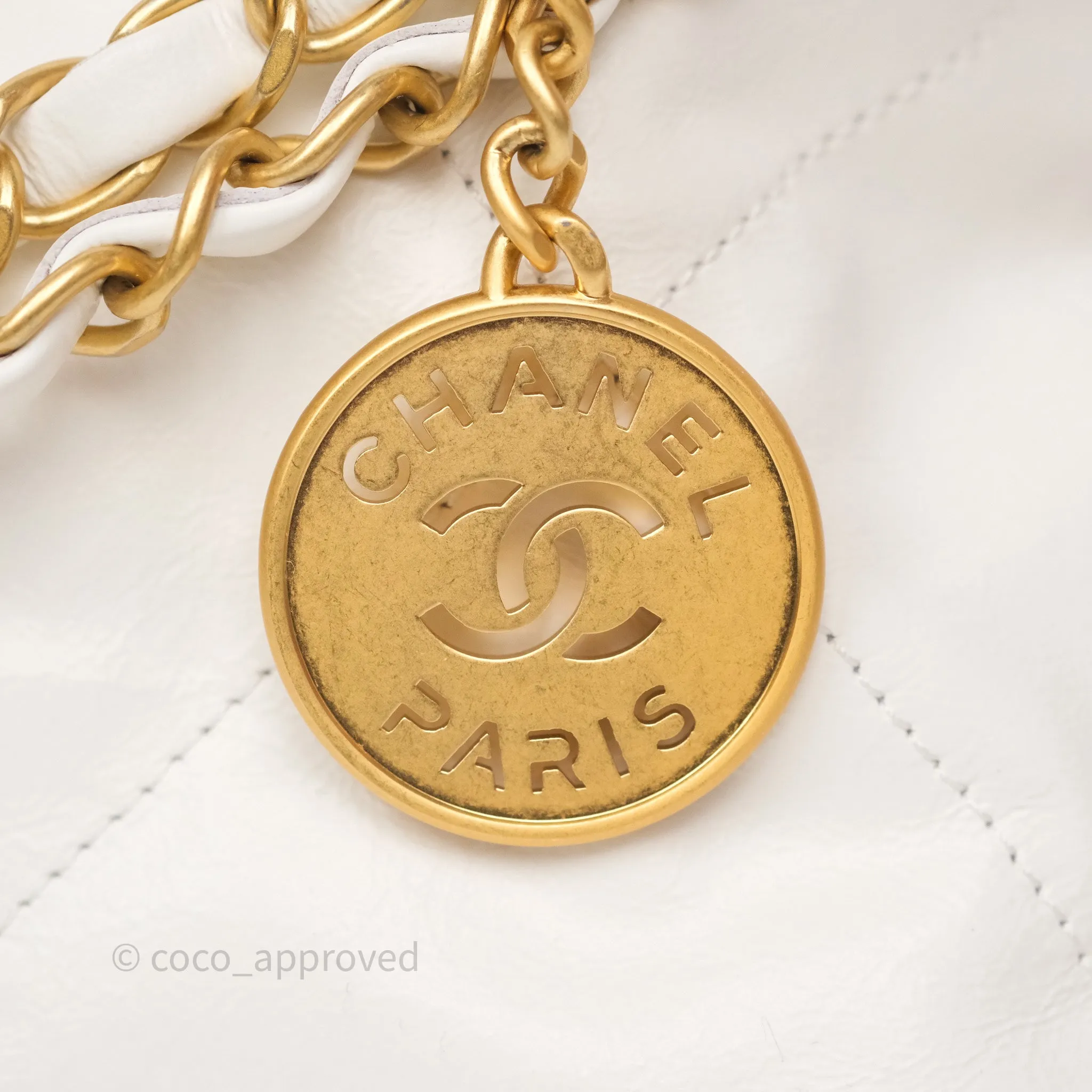 Chanel 22 Small White Aged Calfskin Black Logo Aged Gold Hardware