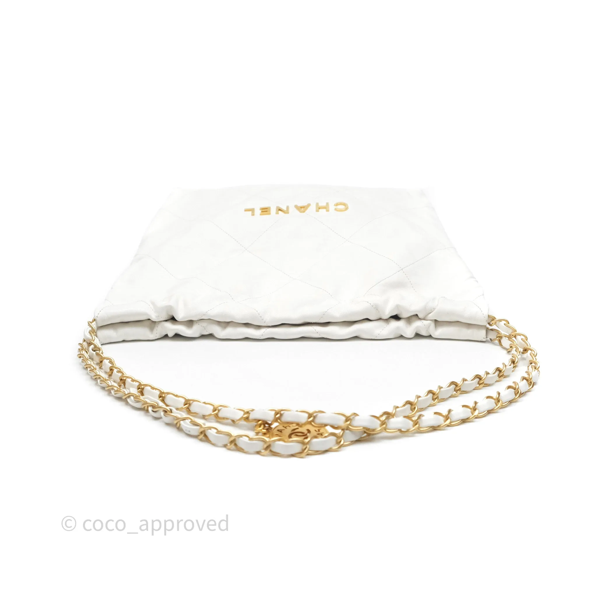 Chanel 22 Small White Shiny Calfskin Aged Gold Hardware