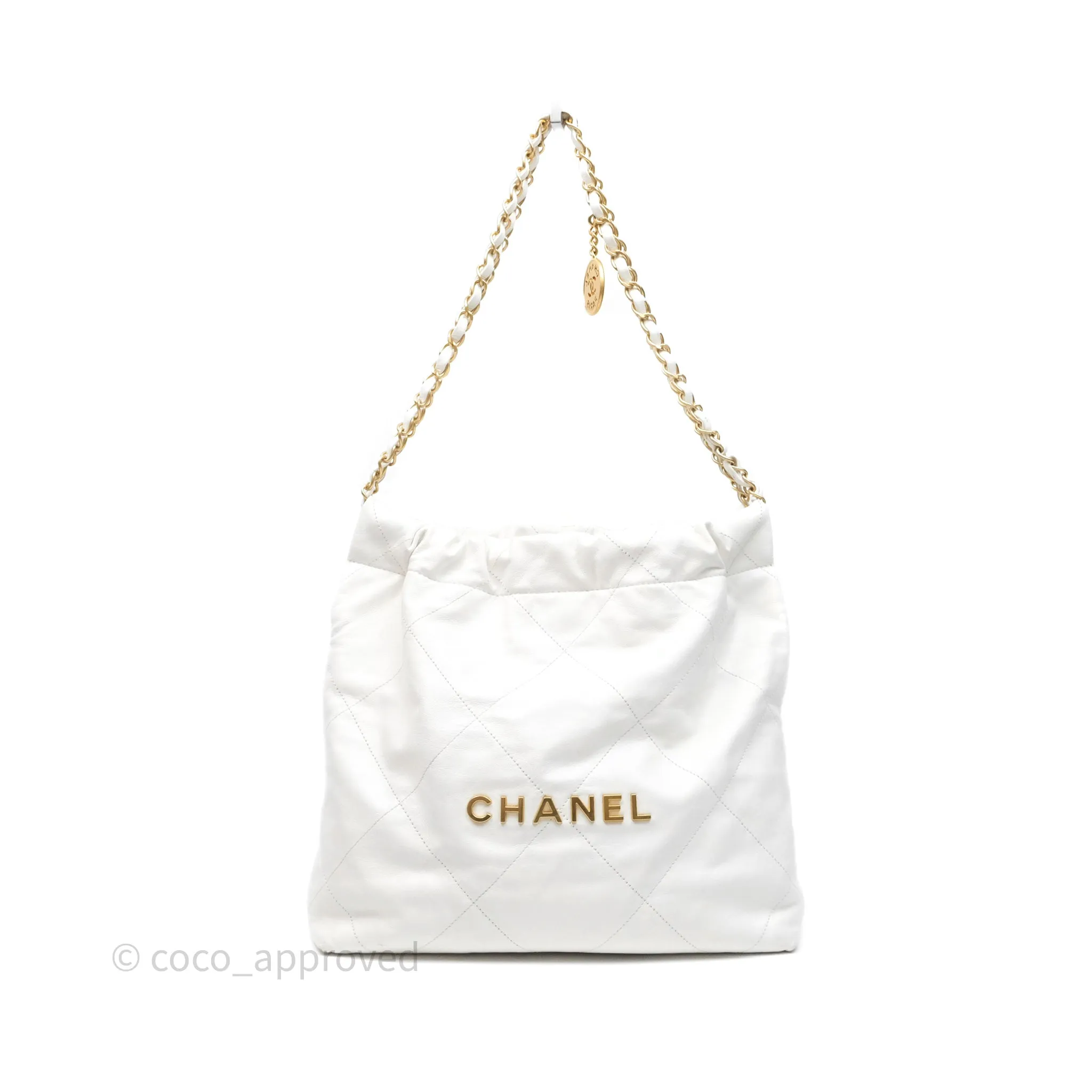 Chanel 22 Small White Shiny Calfskin Aged Gold Hardware