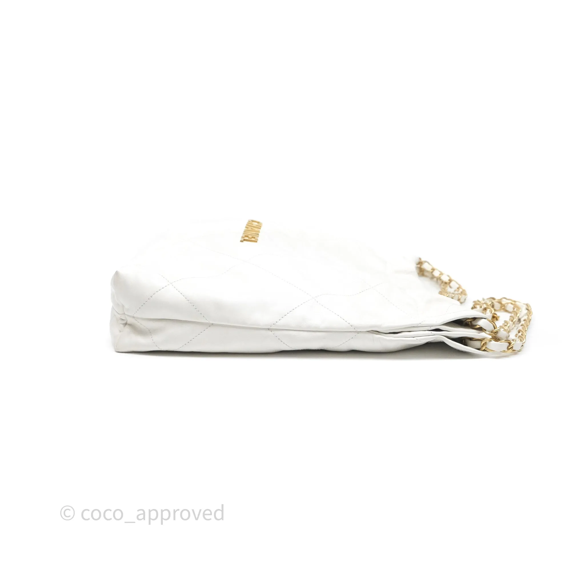 Chanel 22 Small White Shiny Calfskin Aged Gold Hardware