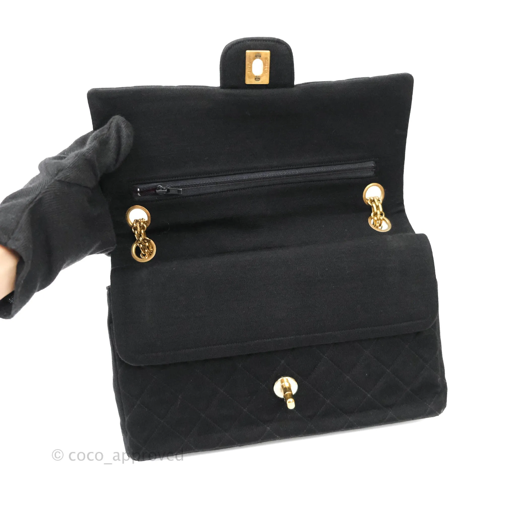 Chanel Black Quilted Jersey Medium Classic Double Flap Bag Gold Hardware