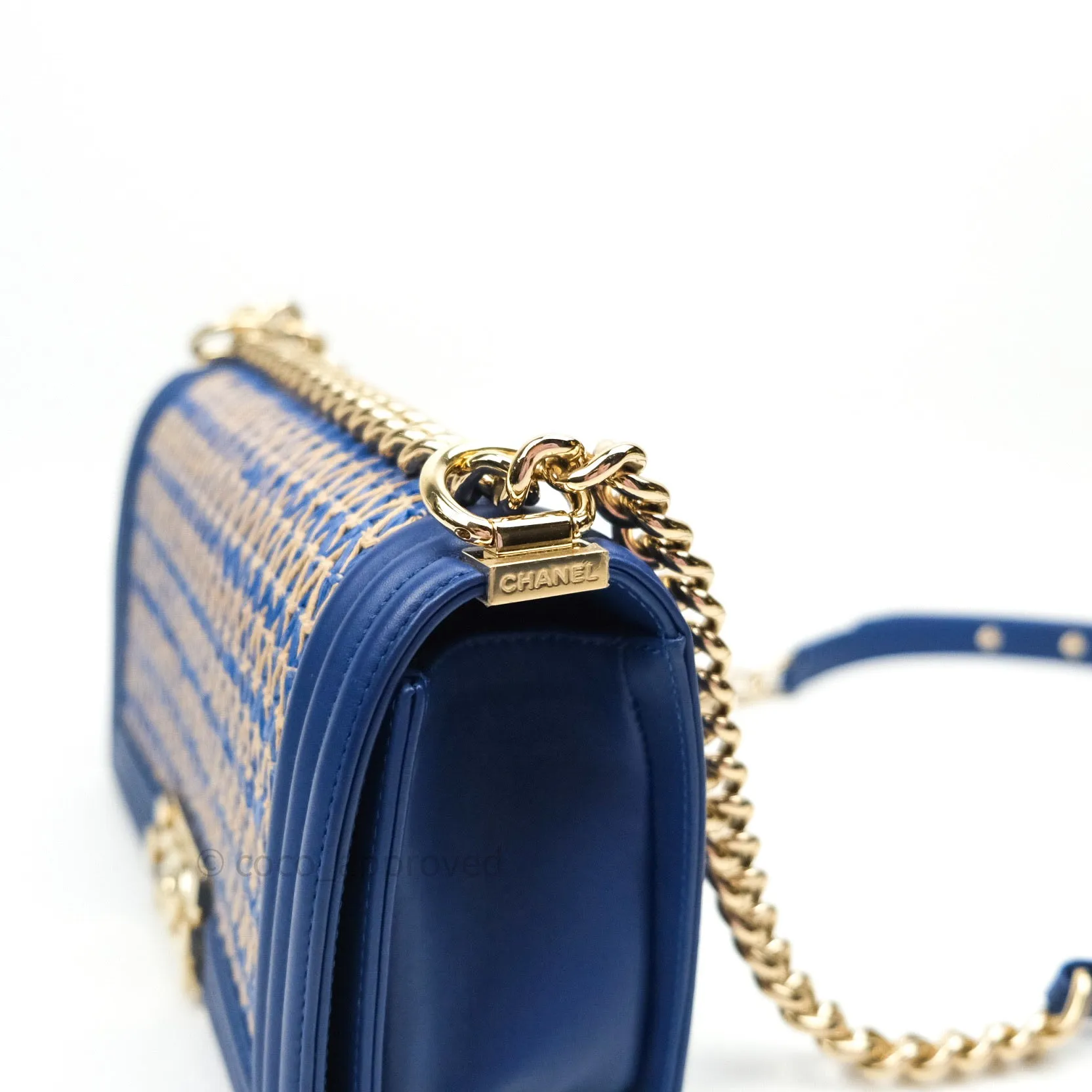 Chanel Boy Medium Straw Calfskin Navy Shiny Gold Hardware