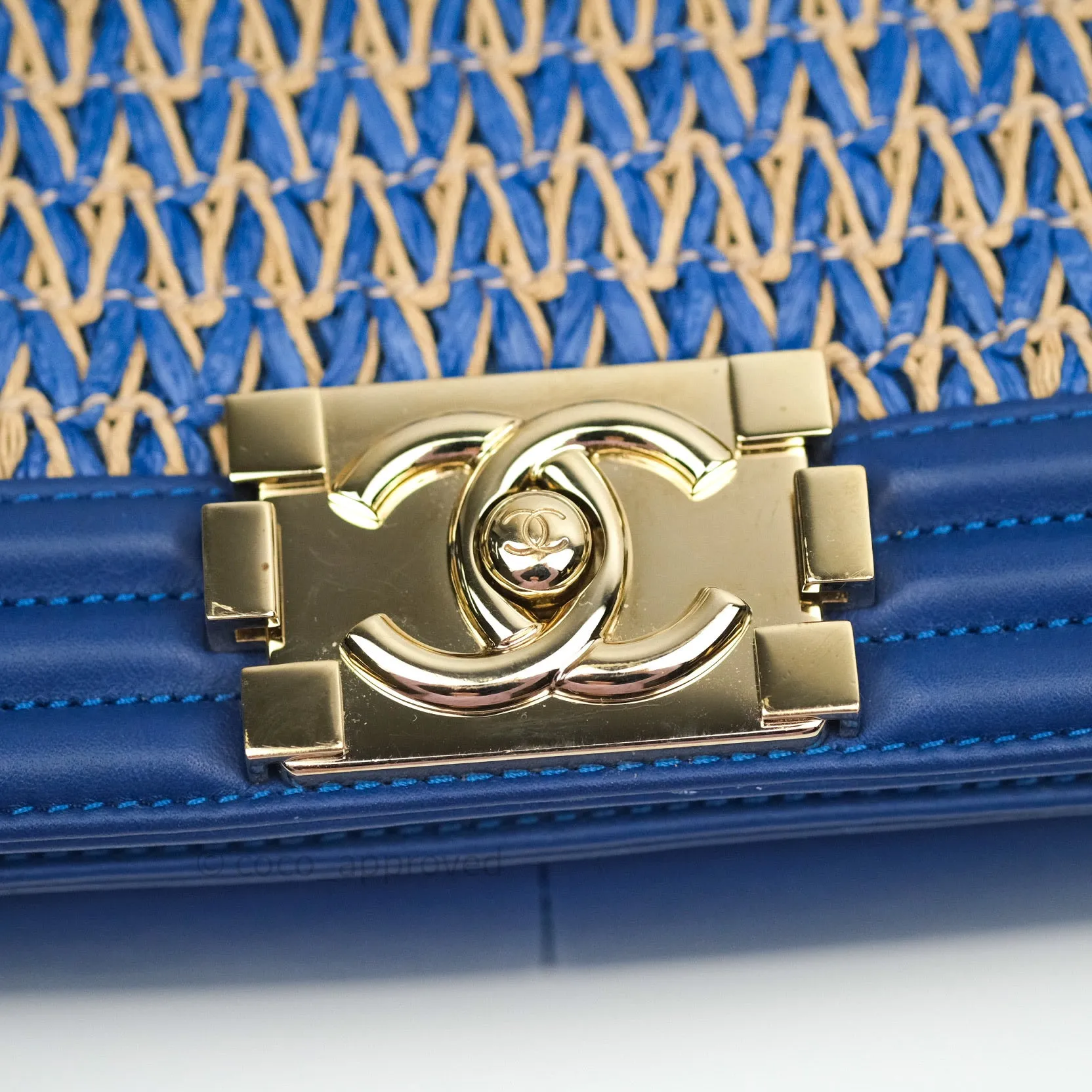 Chanel Boy Medium Straw Calfskin Navy Shiny Gold Hardware