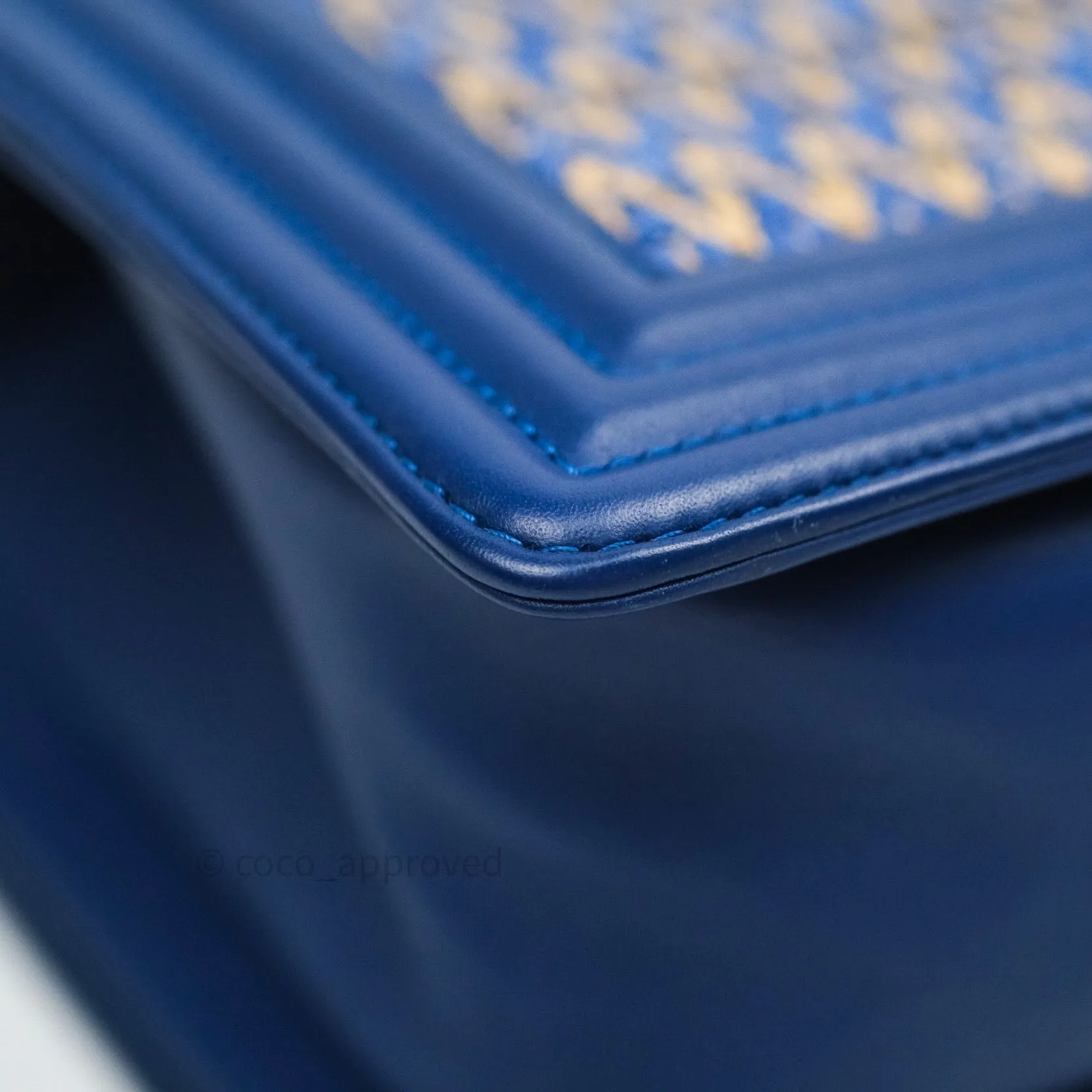 Chanel Boy Medium Straw Calfskin Navy Shiny Gold Hardware