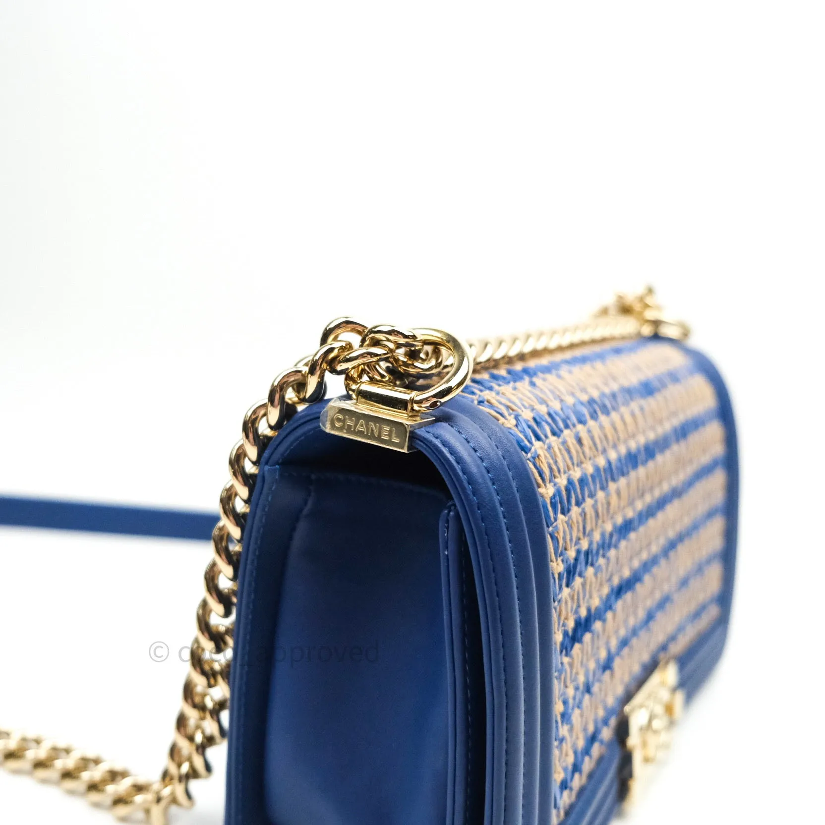 Chanel Boy Medium Straw Calfskin Navy Shiny Gold Hardware