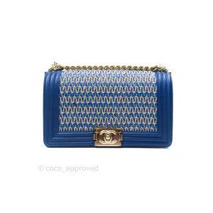 Chanel Boy Medium Straw Calfskin Navy Shiny Gold Hardware