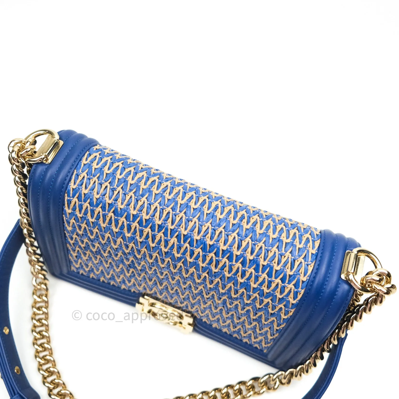 Chanel Boy Medium Straw Calfskin Navy Shiny Gold Hardware
