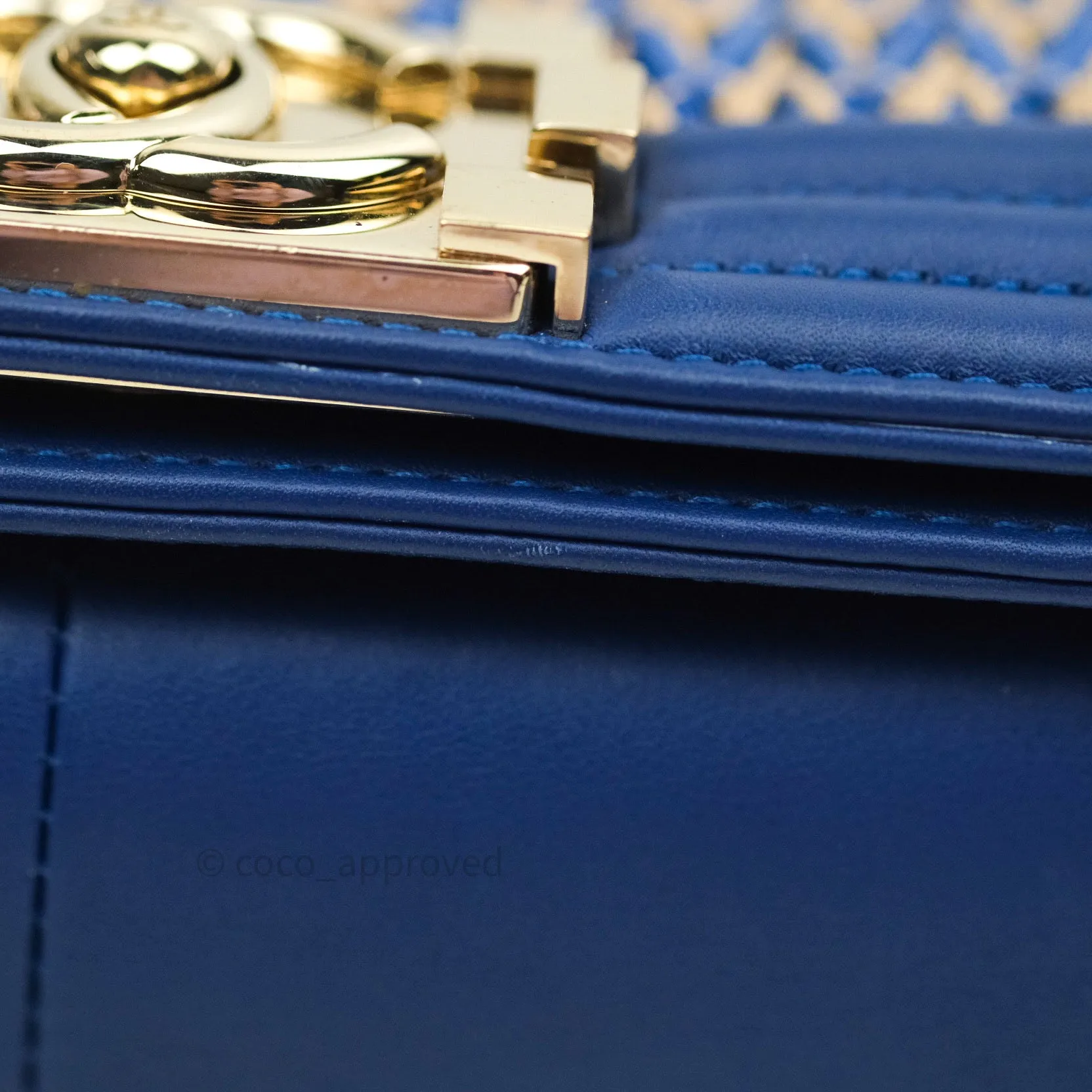 Chanel Boy Medium Straw Calfskin Navy Shiny Gold Hardware