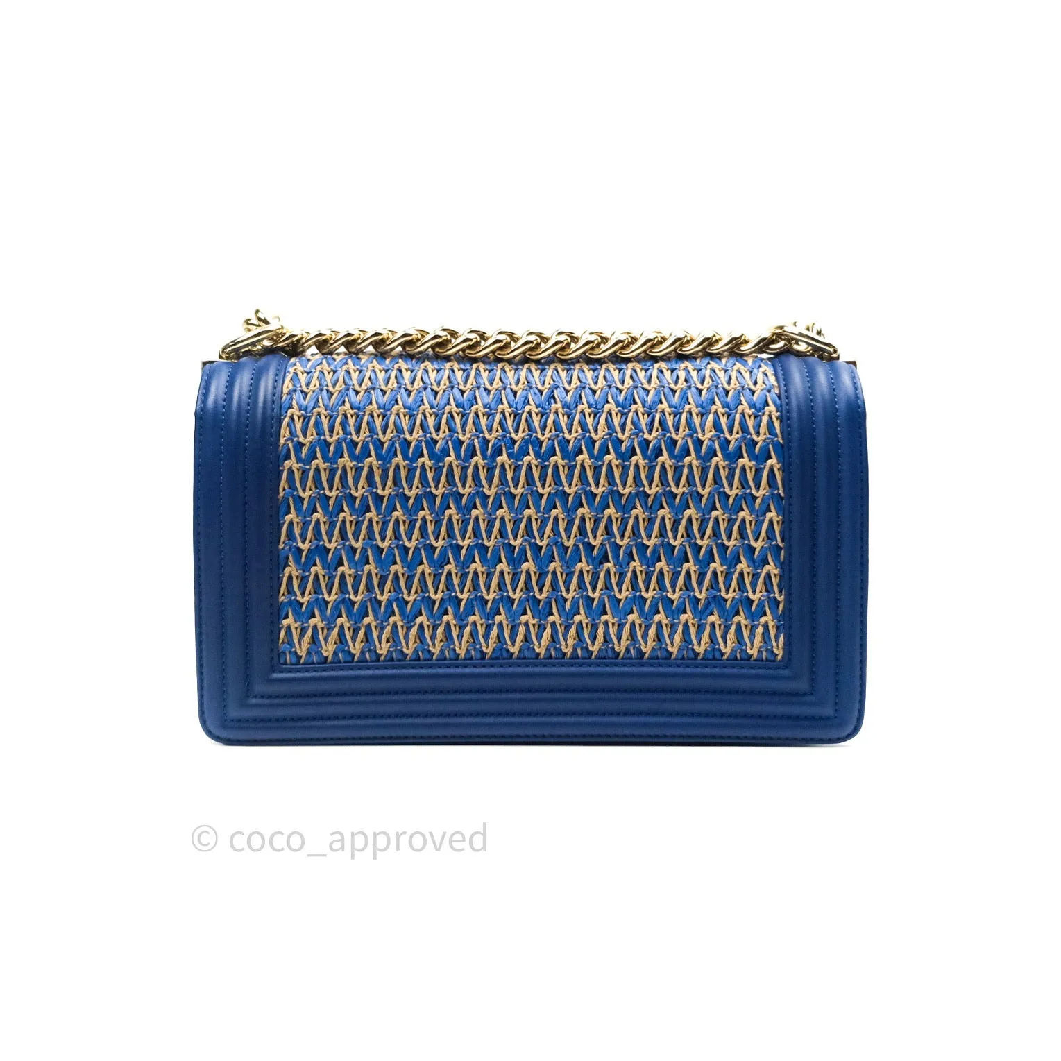 Chanel Boy Medium Straw Calfskin Navy Shiny Gold Hardware