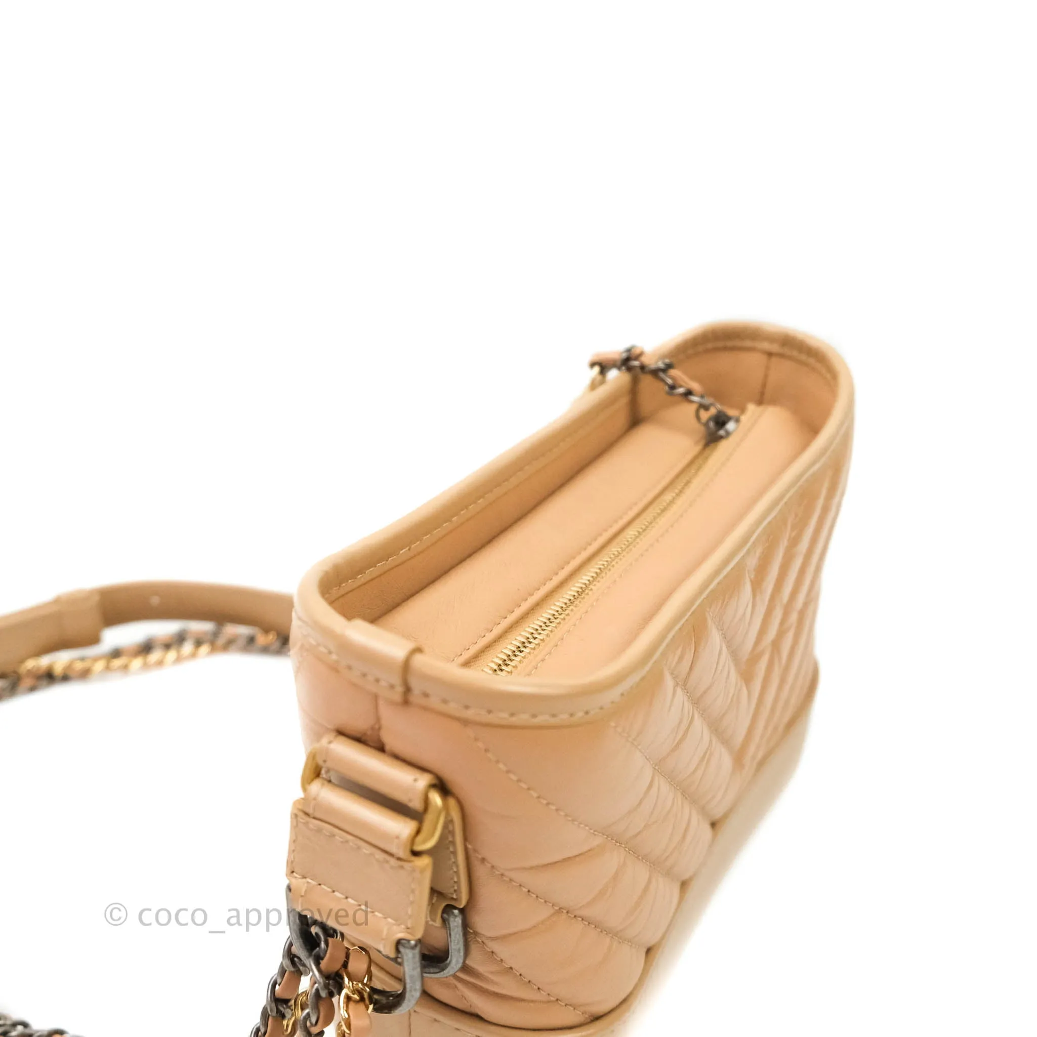 Chanel Calfskin Chevron Small Gabrielle Hobo Beige Mixed Hardware