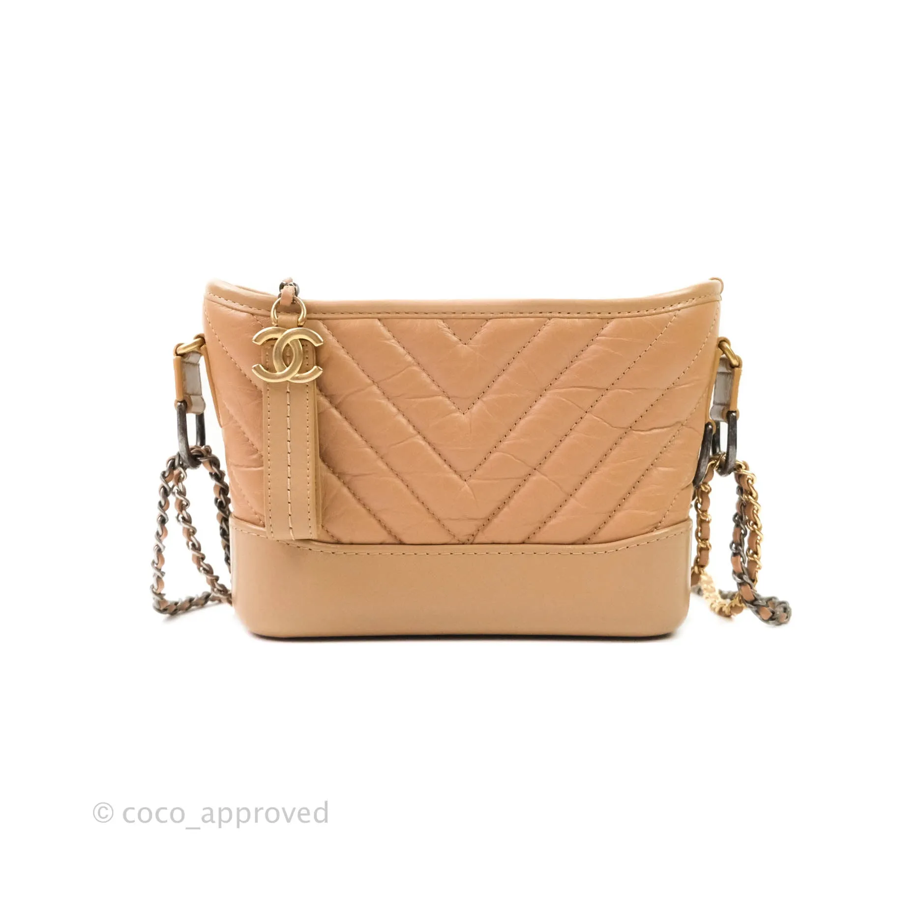 Chanel Calfskin Chevron Small Gabrielle Hobo Beige Mixed Hardware