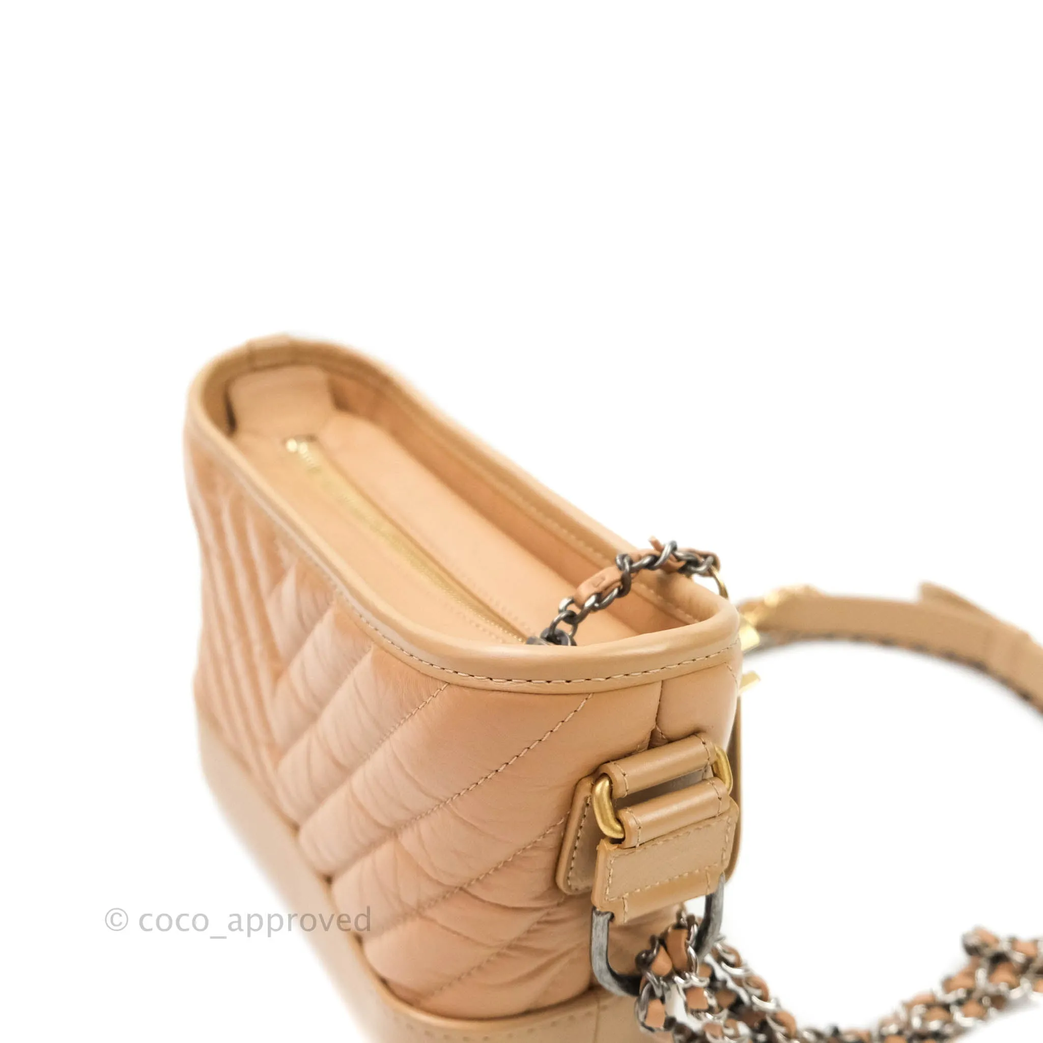 Chanel Calfskin Chevron Small Gabrielle Hobo Beige Mixed Hardware