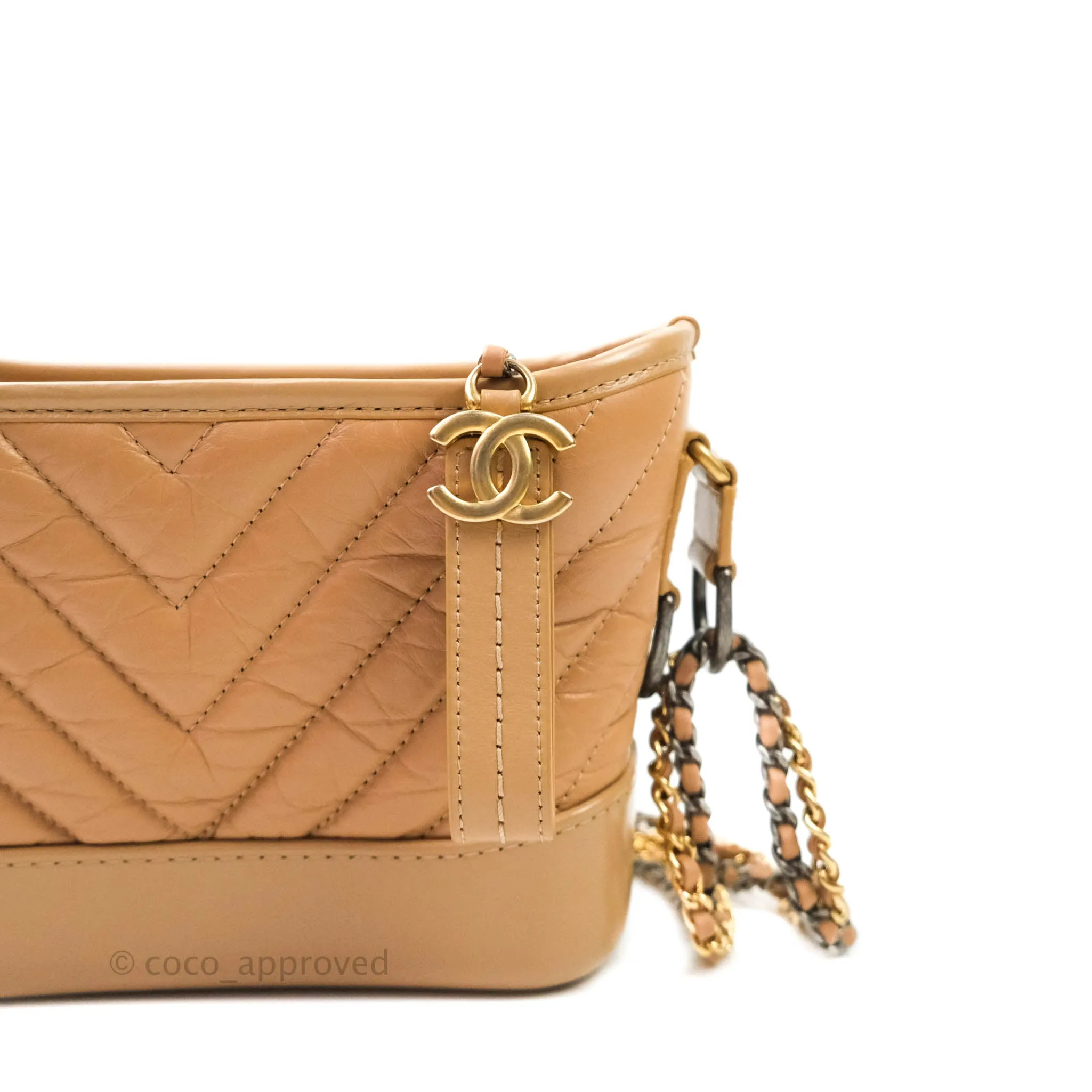 Chanel Calfskin Chevron Small Gabrielle Hobo Beige Mixed Hardware