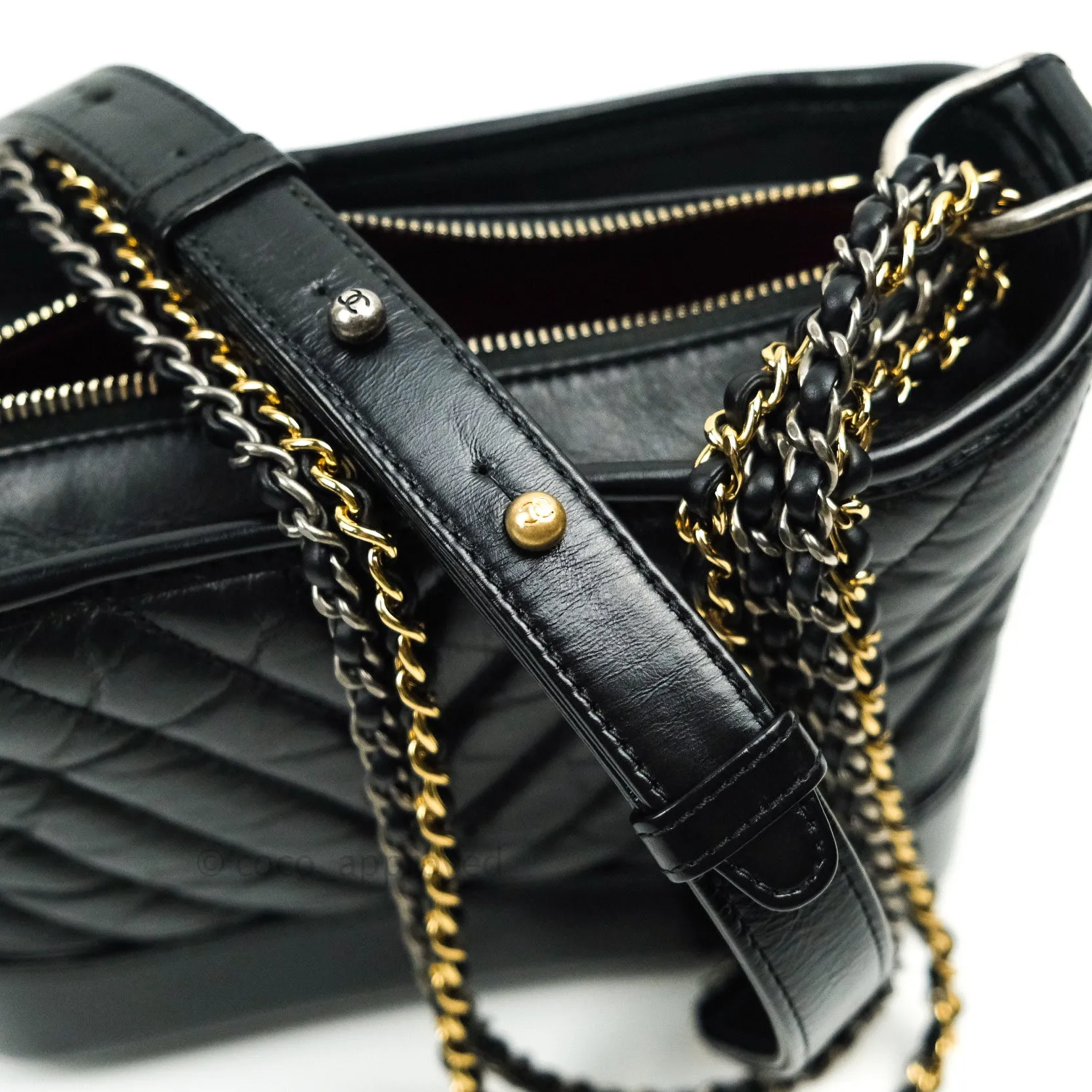 Chanel Calfskin Chevron Small Gabrielle Hobo Black Mixed Hardware