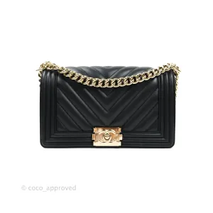 Chanel Chevron Medium Boy Bag Black Calfskin Gold Hardware