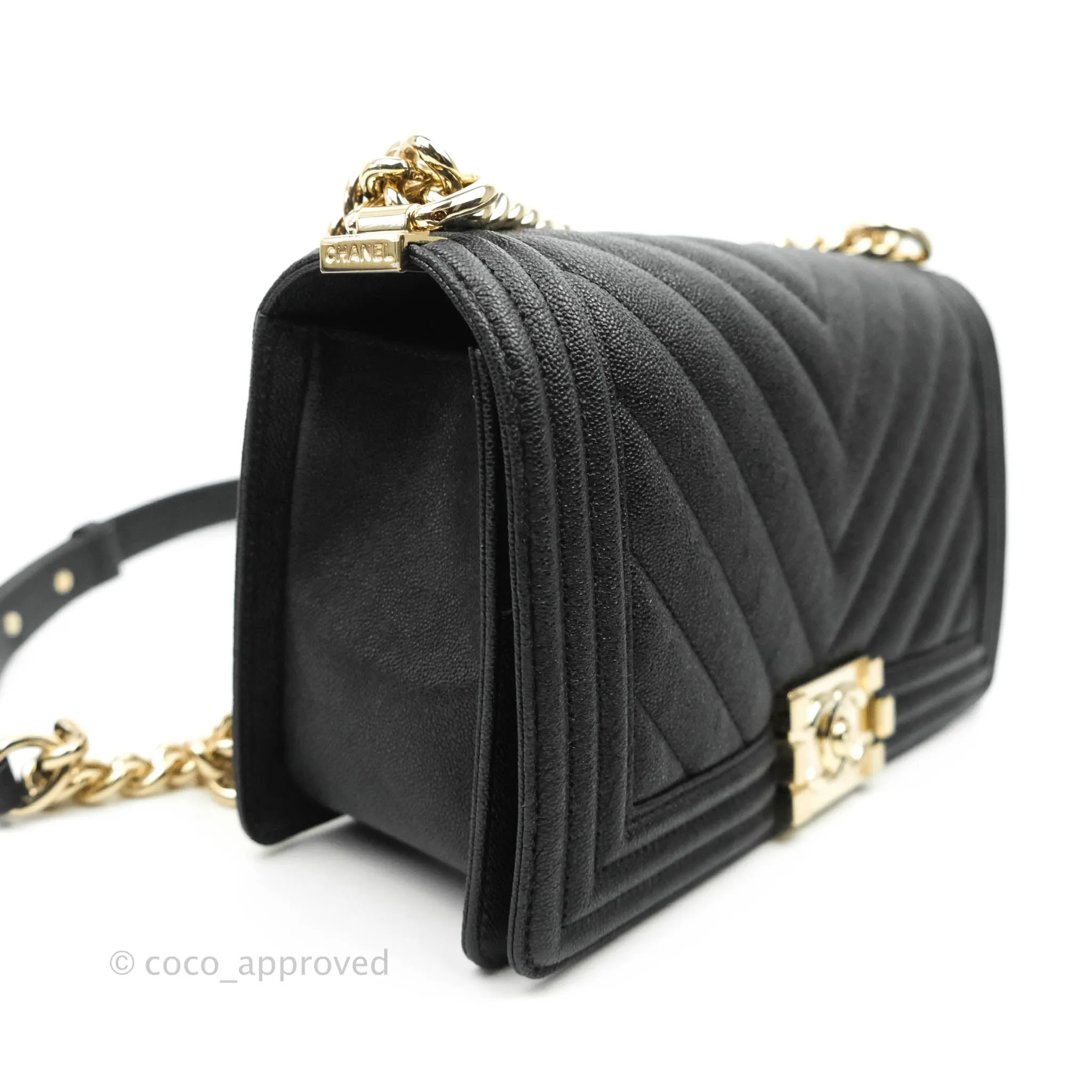 Chanel Chevron Medium Boy Black Grained Calfskin Gold Hardware