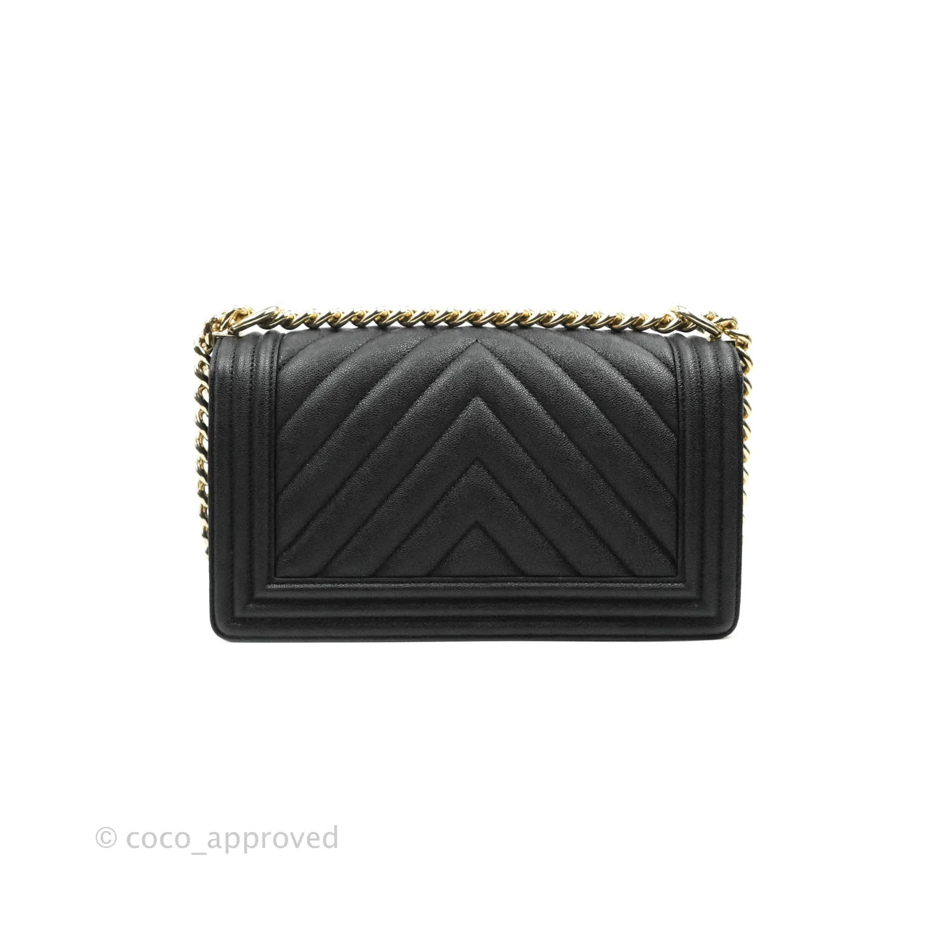 Chanel Chevron Medium Boy Black Grained Calfskin Gold Hardware