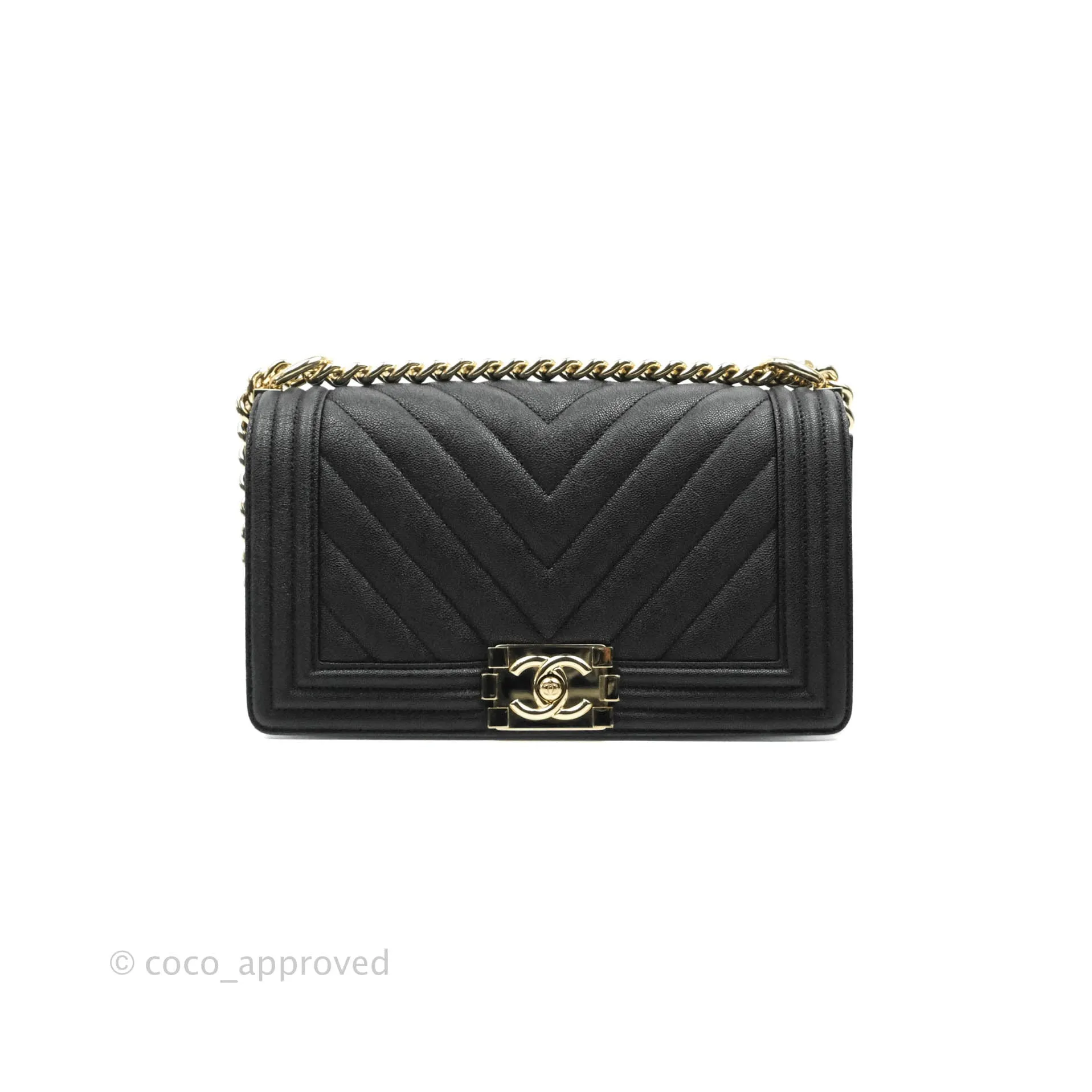 Chanel Chevron Medium Boy Black Grained Calfskin Gold Hardware